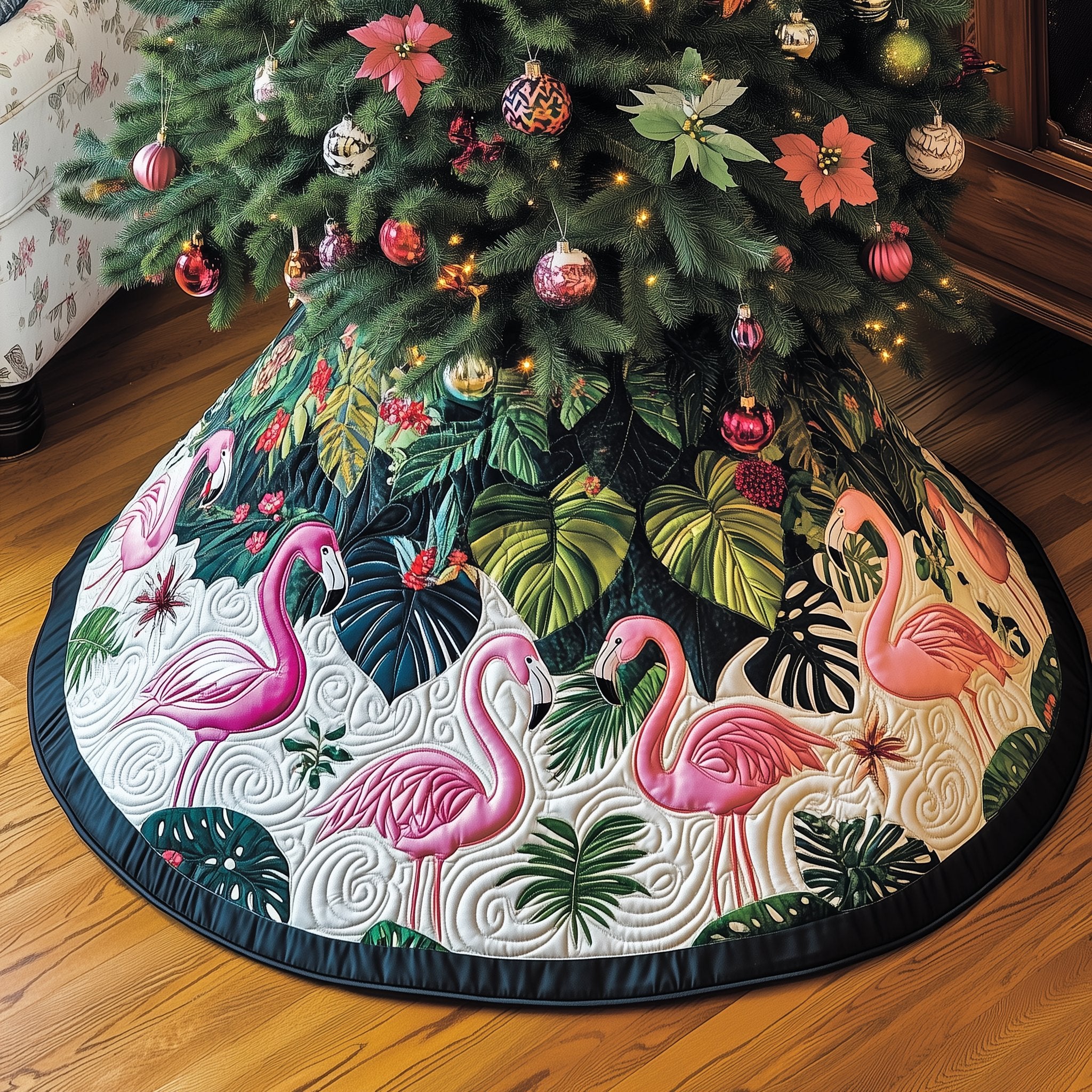 Flamingos Among the Tropical Leaves Christmas Tree Skirt