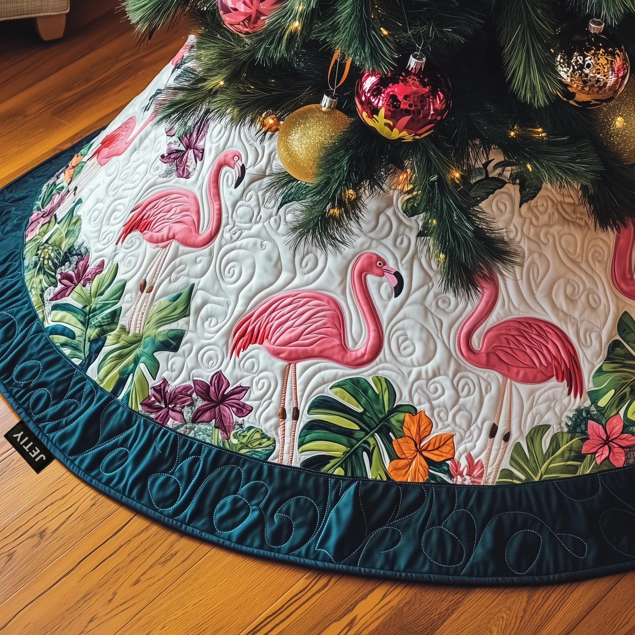 Flamingos on White with Teal Border Christmas Tree Skirt