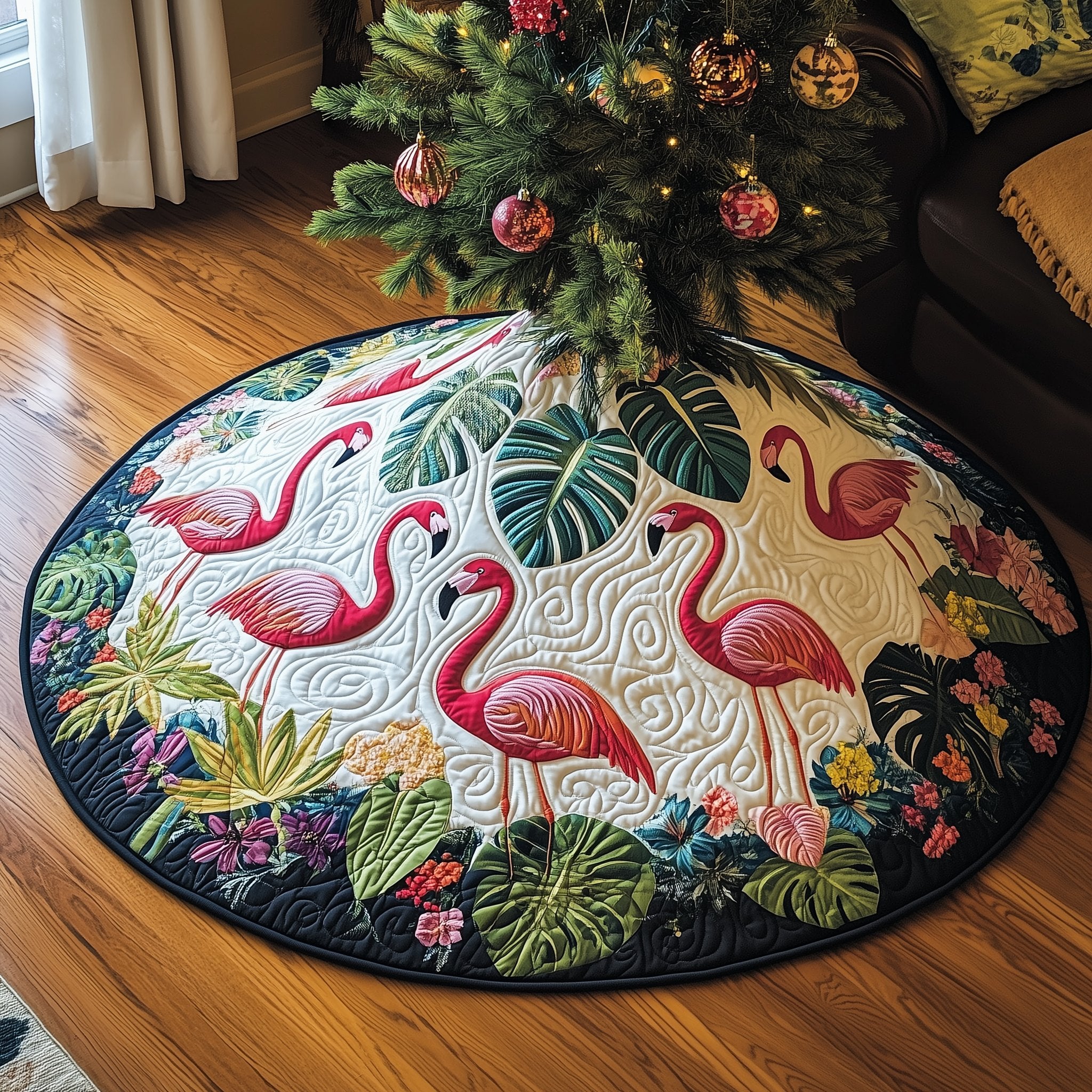 Flamingos with Monstera Leaves Christmas Tree Skirt
