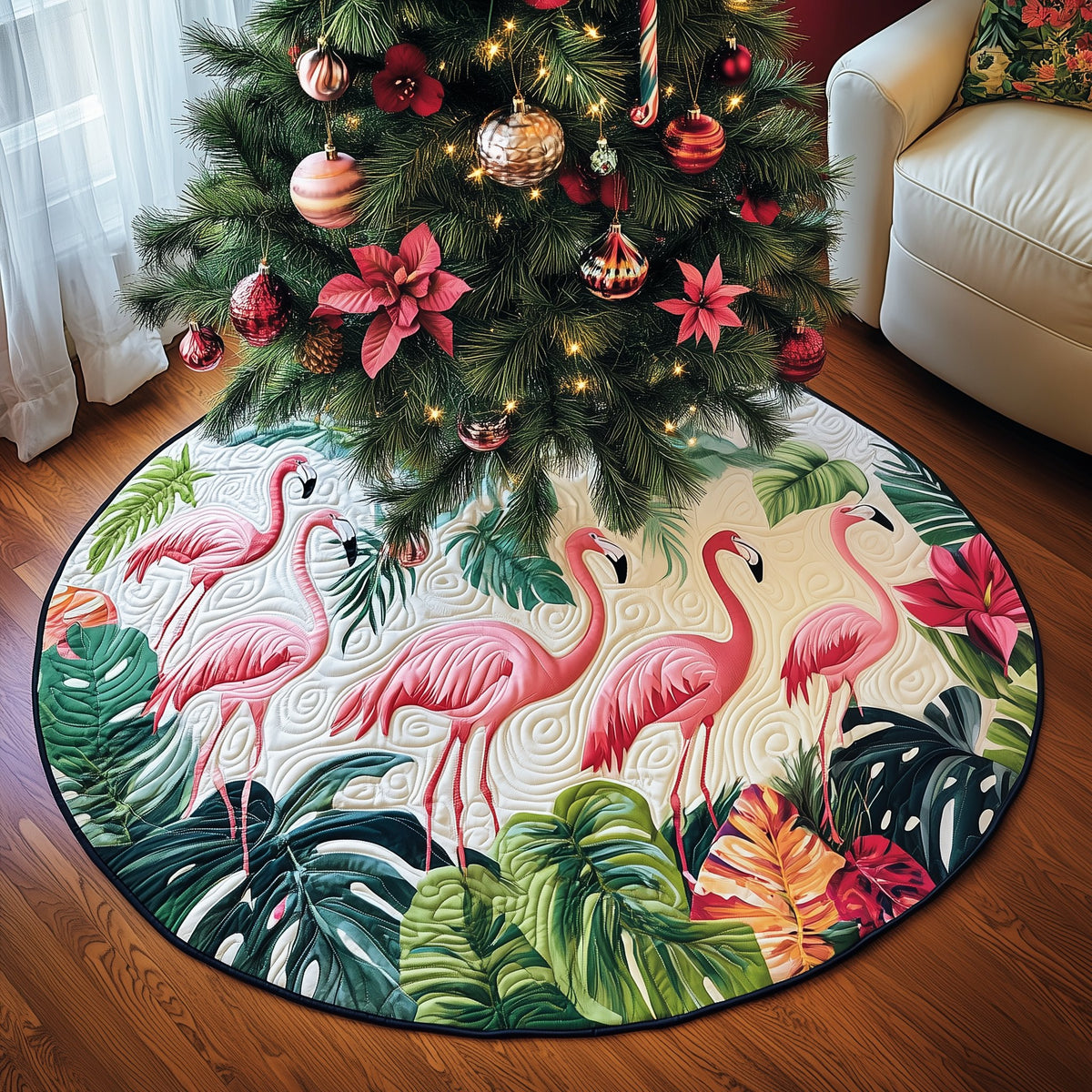 Flamingos with Pink Tropical Blooms Christmas Tree Skirt