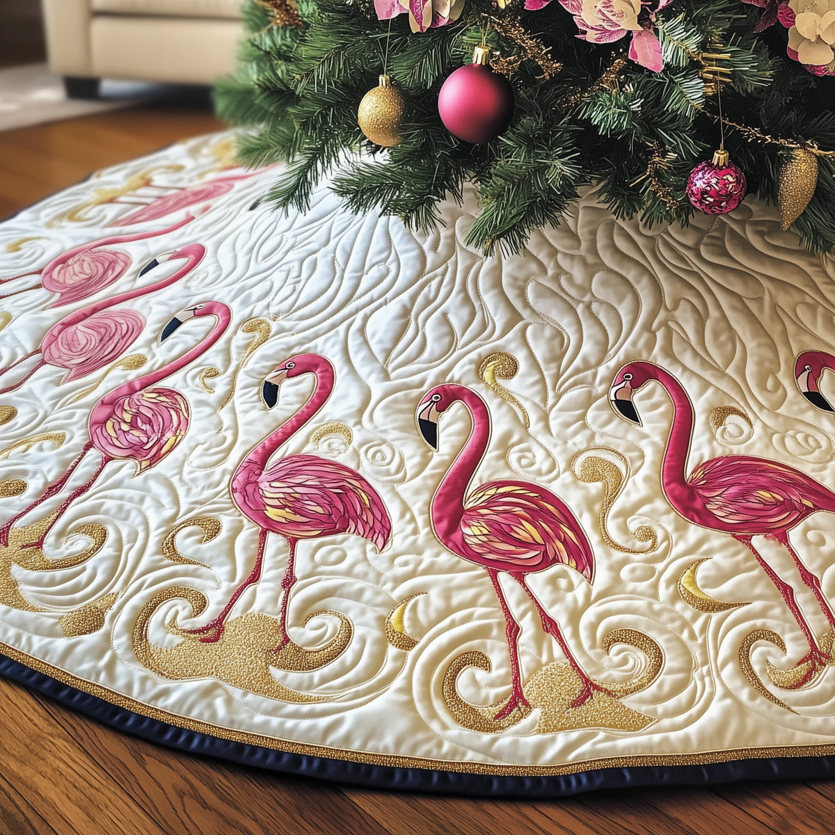 Flamingo Trio on Snow White Christmas Tree Skirt