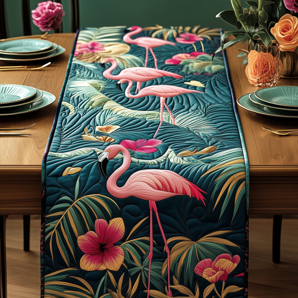 Flamingos Among Tropical Palm Leaves Table Runner