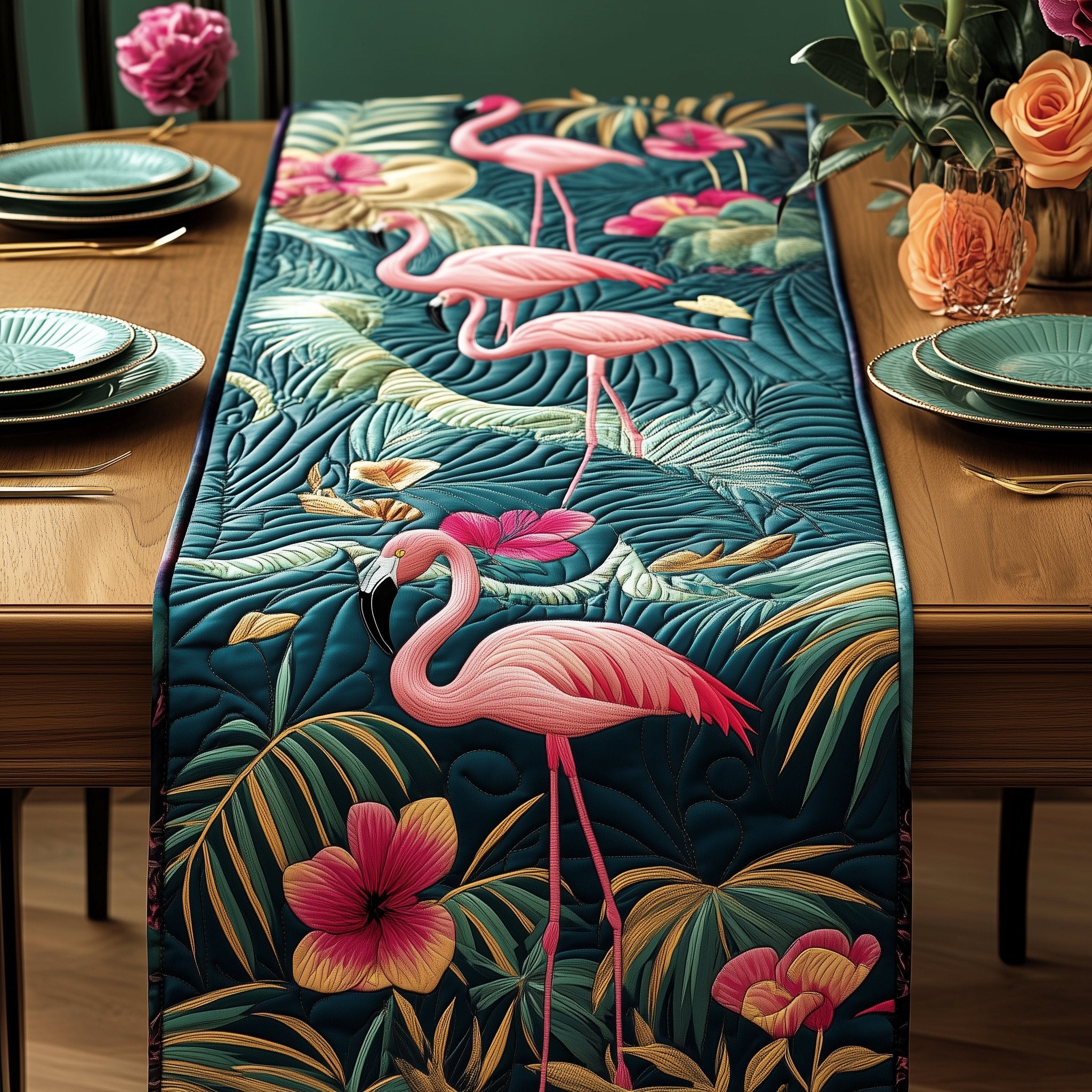 Flamingos Among Tropical Palm Leaves Table Runner
