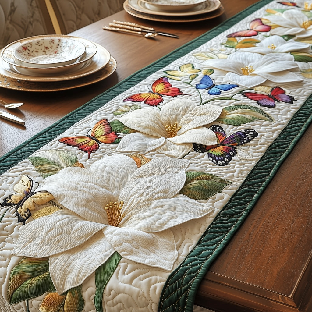 Magnolia with Butterfly on Cream Table Runner