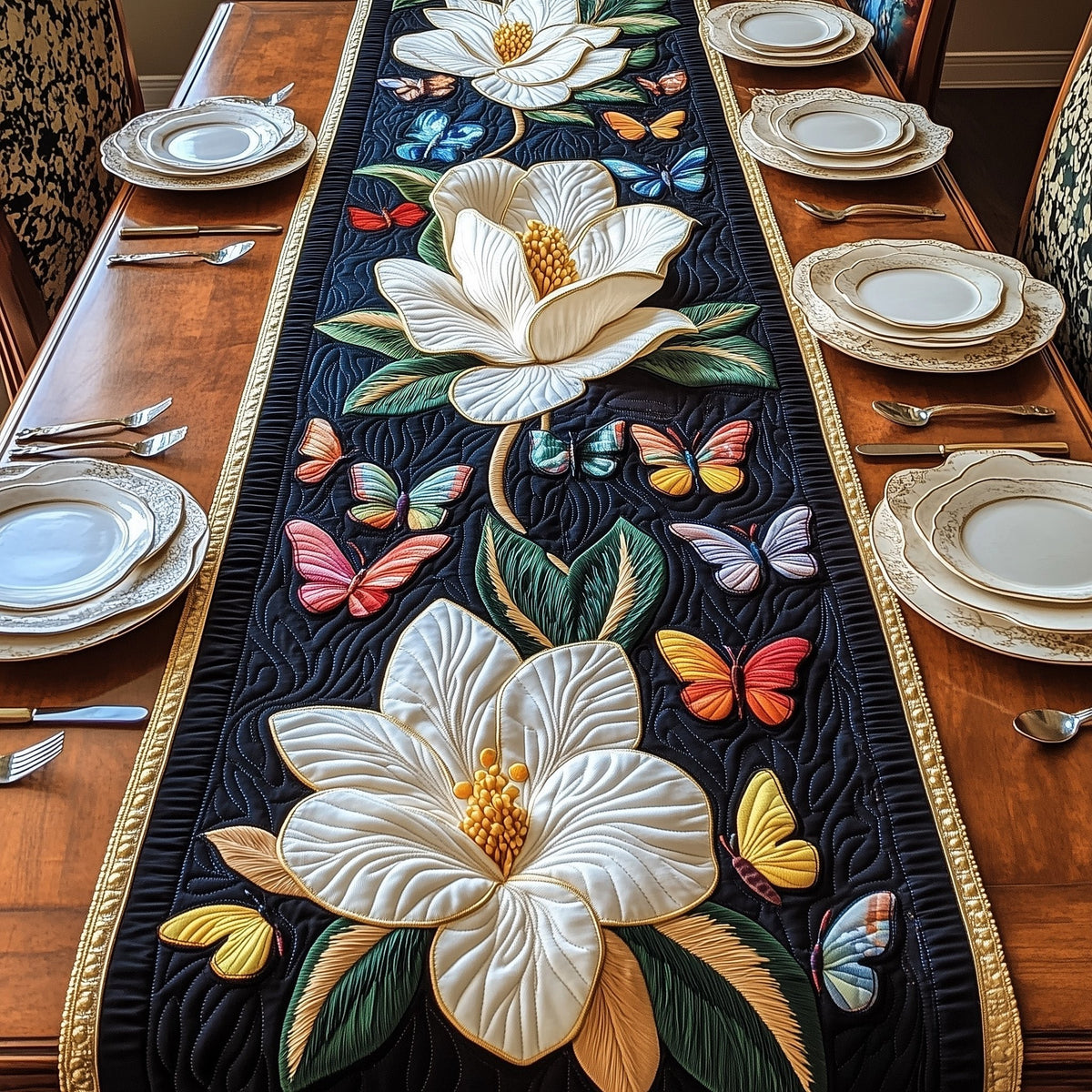 Magnolia and Butterflies on Black Table Runner