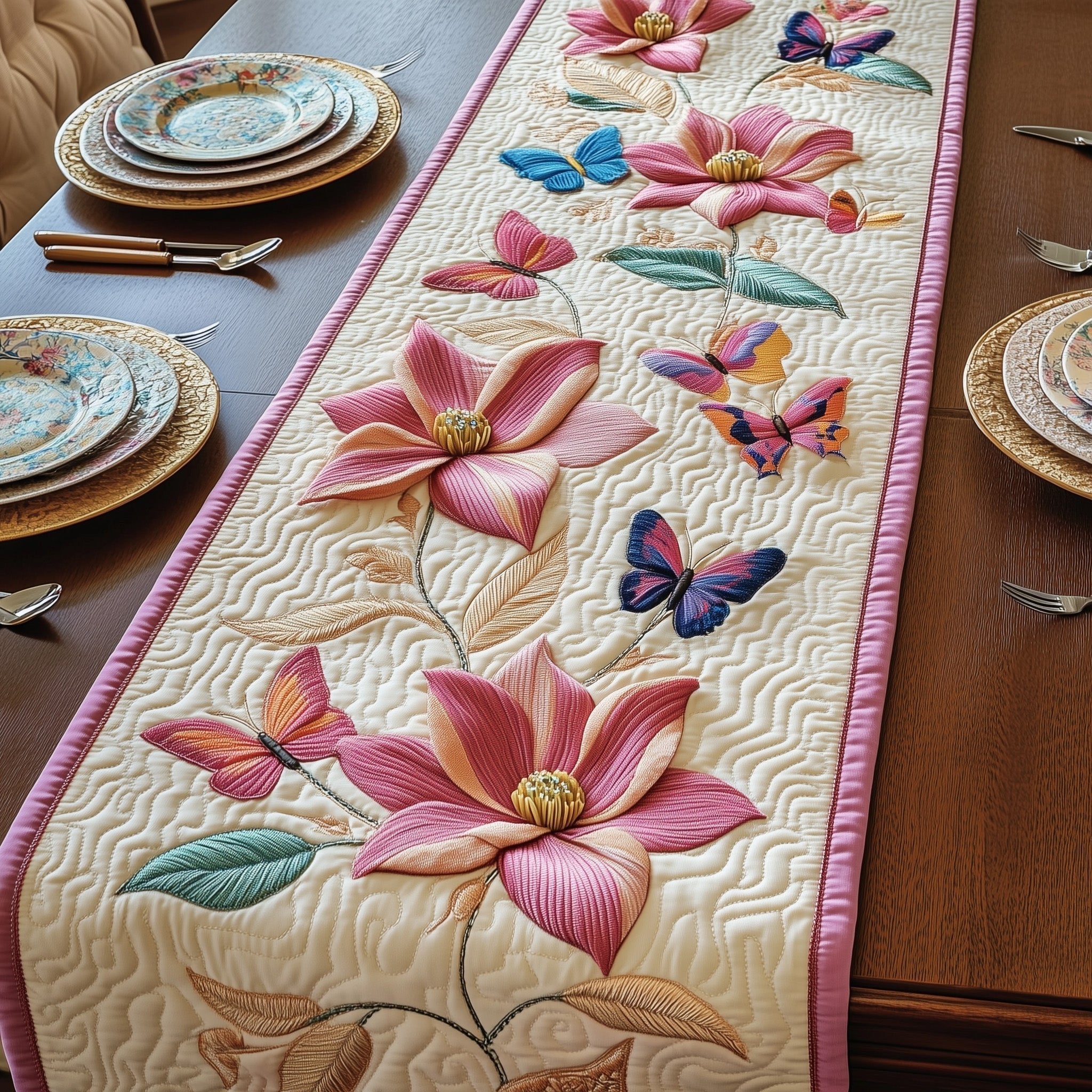 Pink Magnolia with Blue Butterflies Table Runner