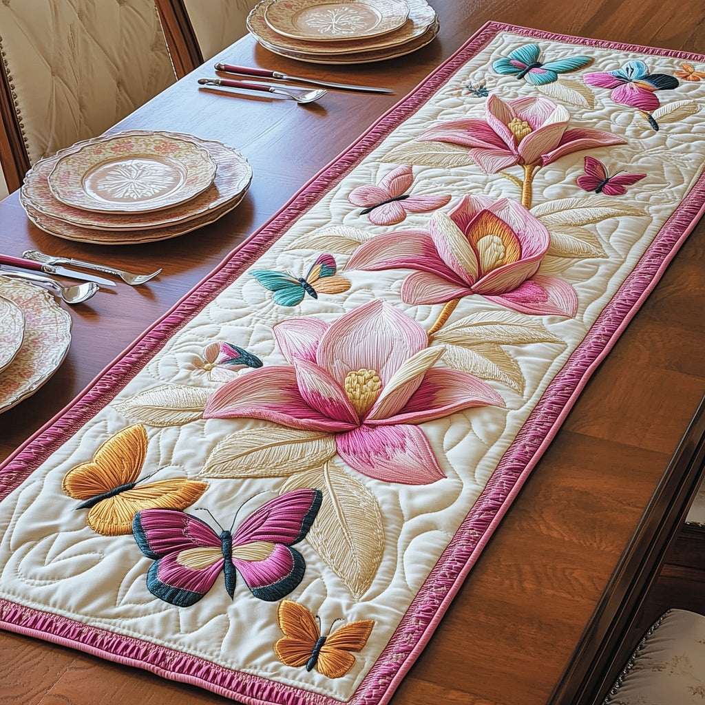 Pink Magnolia and Fluttering Butterflies Table Runner