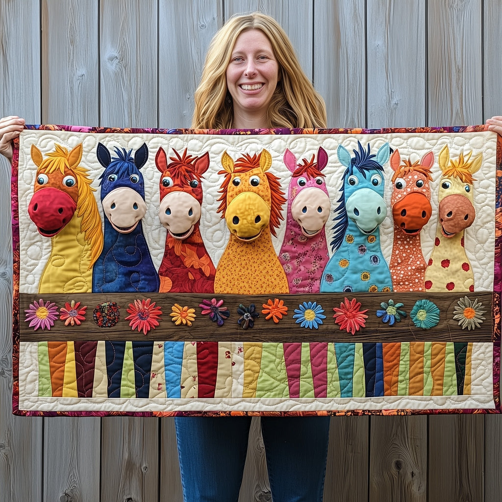 Colorful Horses Behind Wooden Fence Table Runner