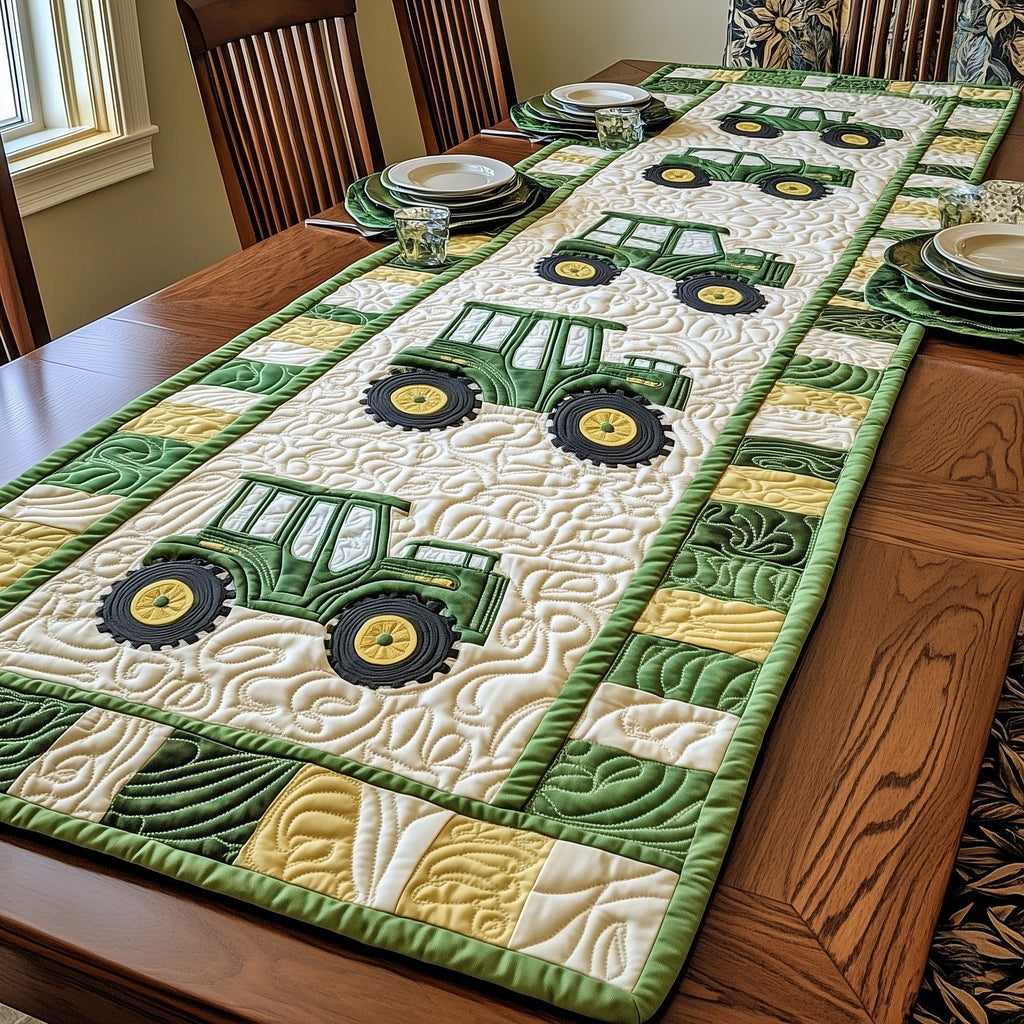 Green Tractors Patchwork Blocks Table Runner