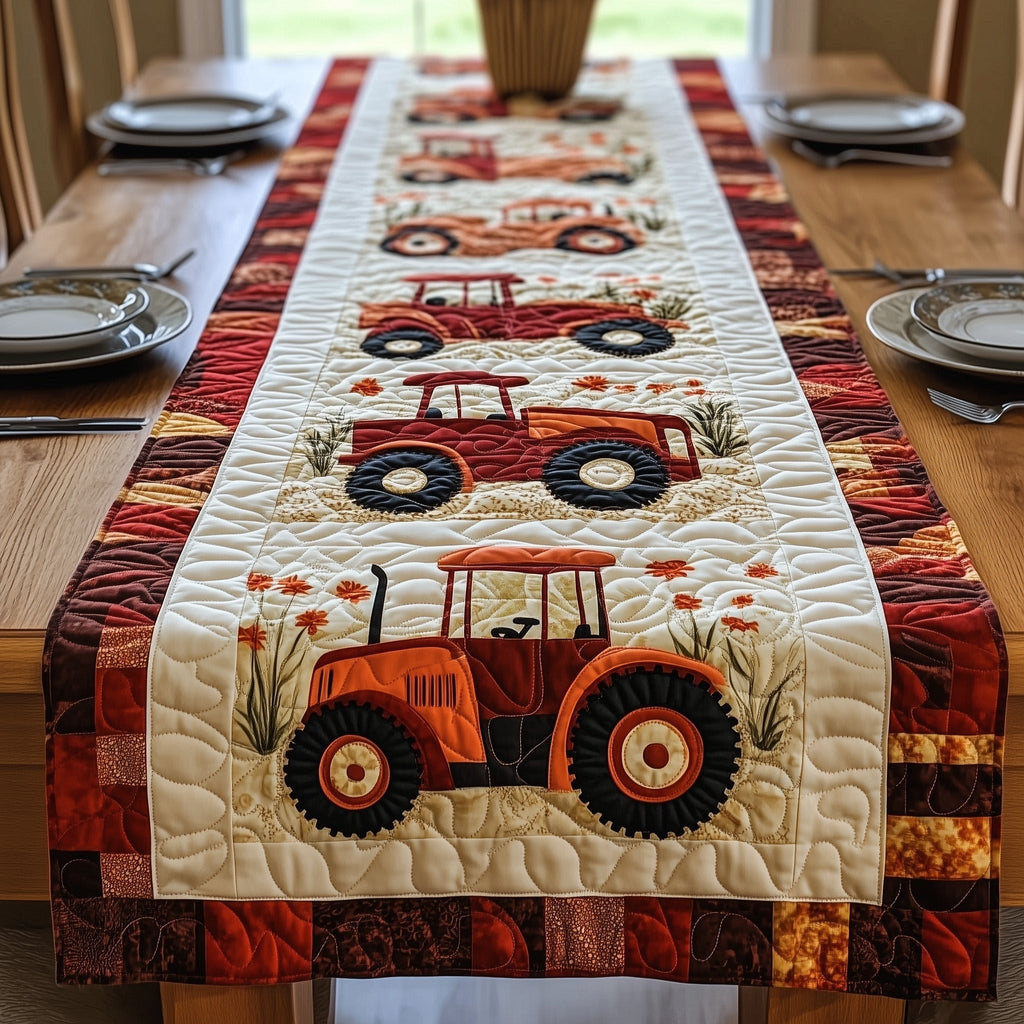 Red and Orange Farm Tractors Table Runner