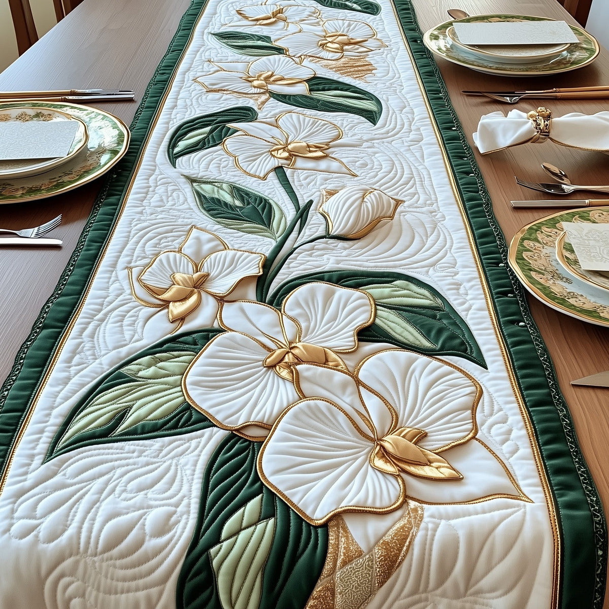 White Orchids on Ivory Quilt Table Runner