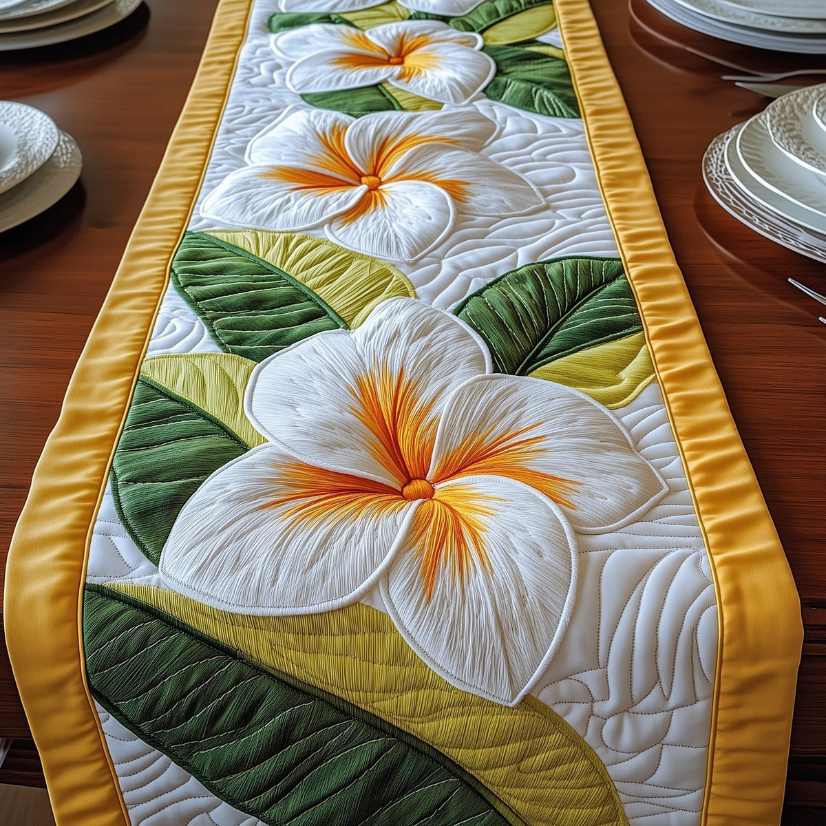 Plumeria on Green and Yellow Table Runner