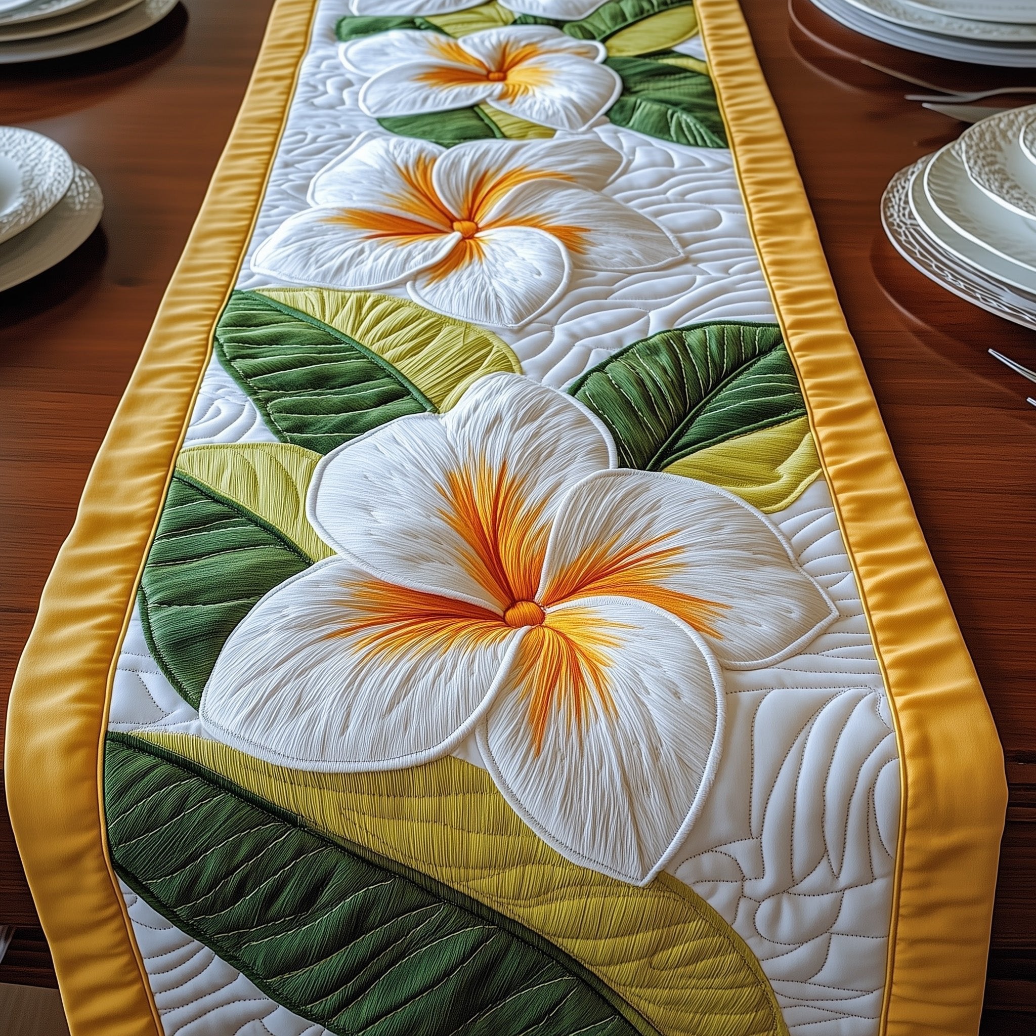Plumeria on Green and Yellow Table Runner