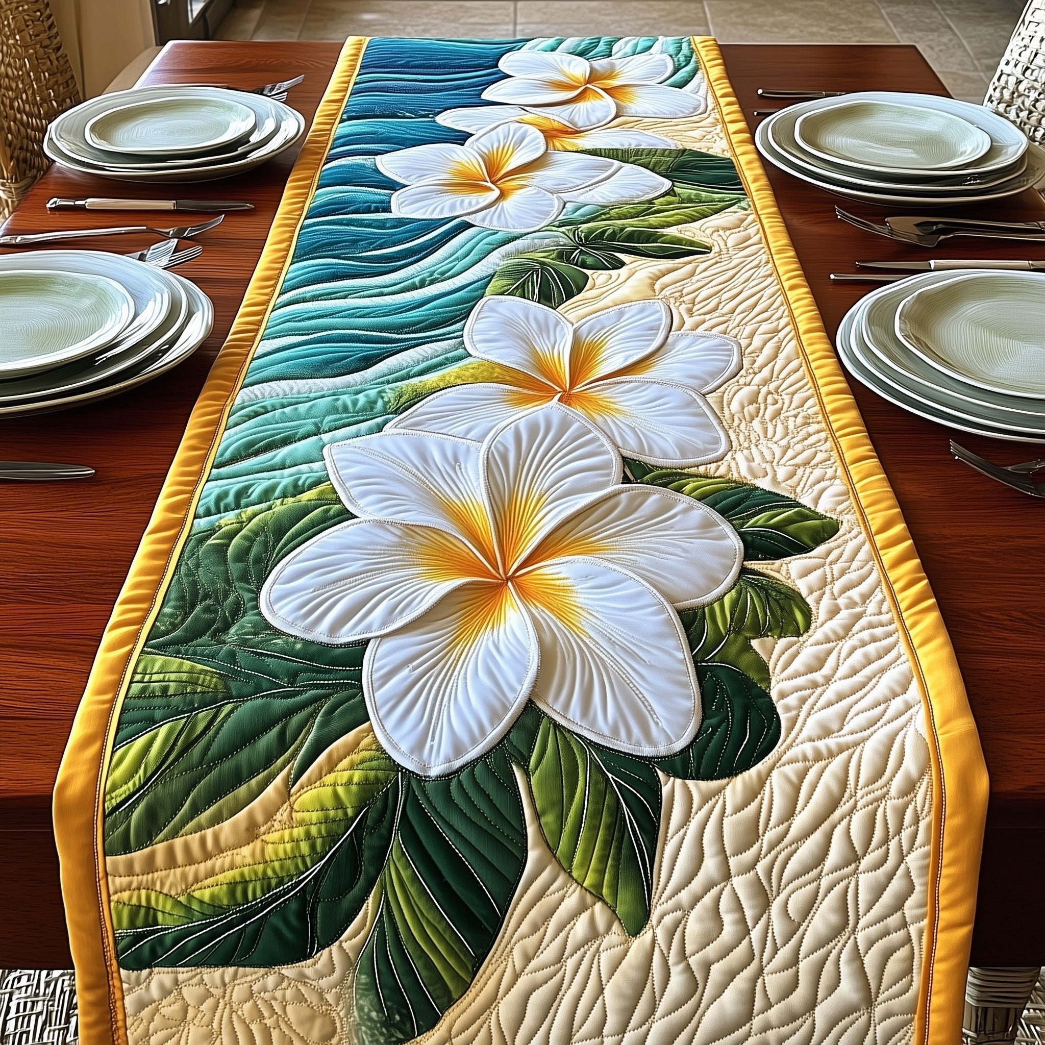 White Plumeria on Cream Quilt Table Runner