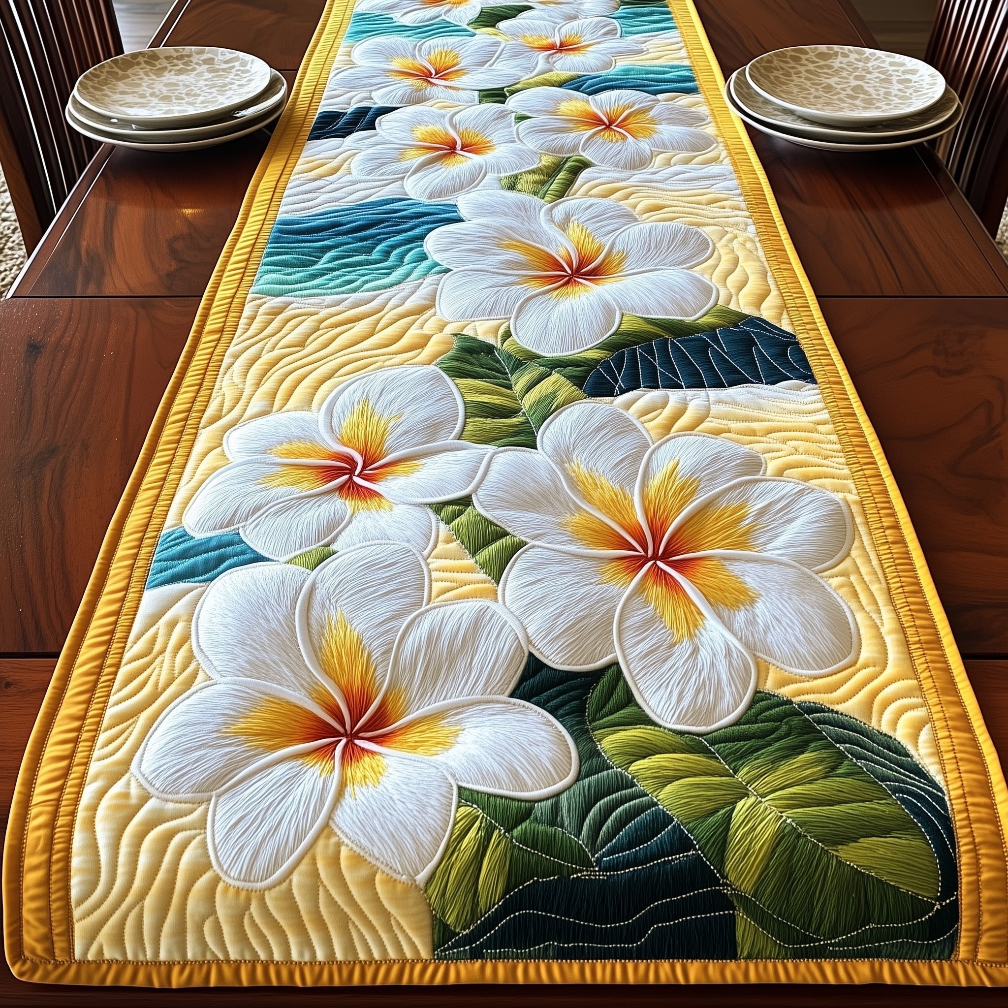 Golden Plumeria with Green Leaves Table Runner