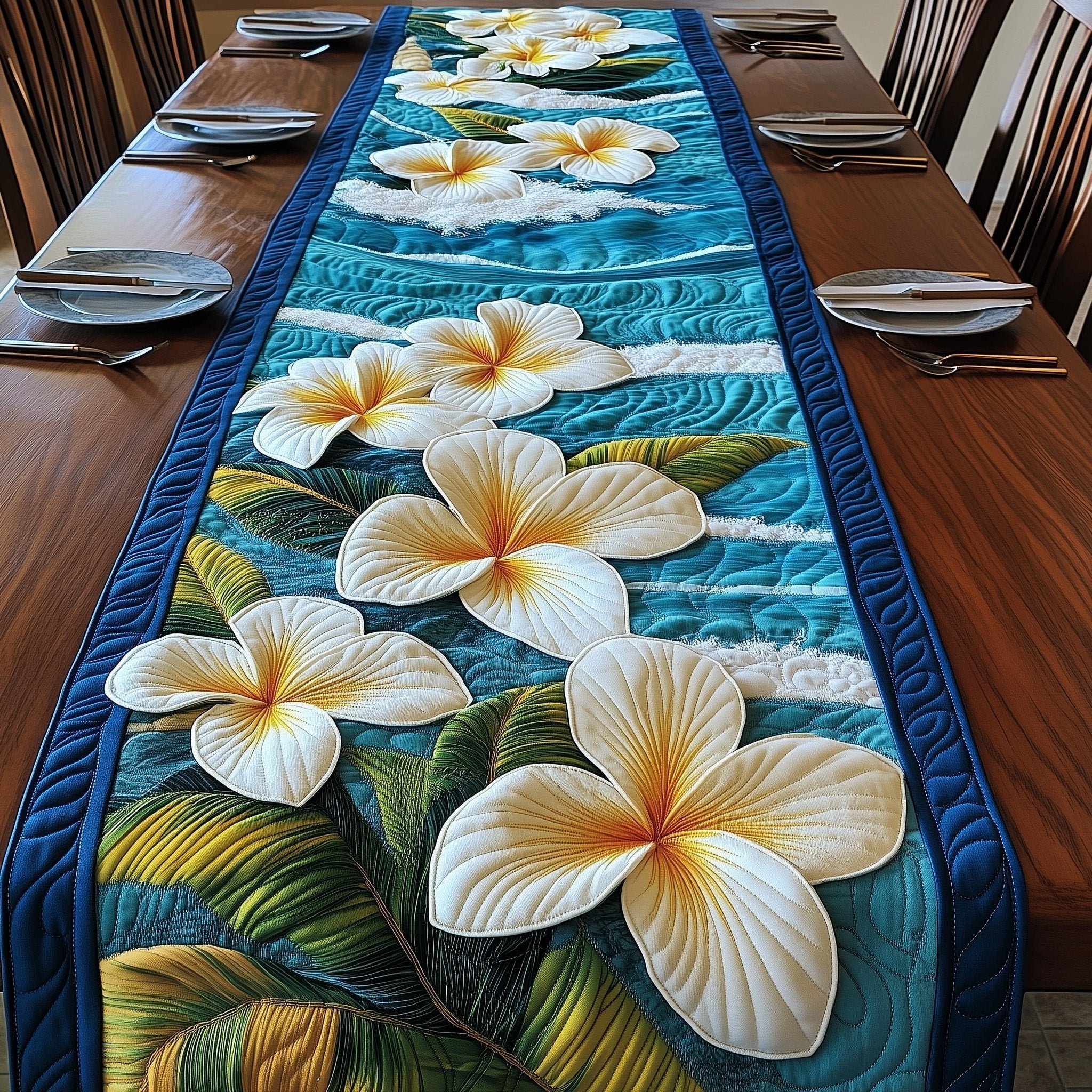Plumeria on Teal Blue Waves Table Runner