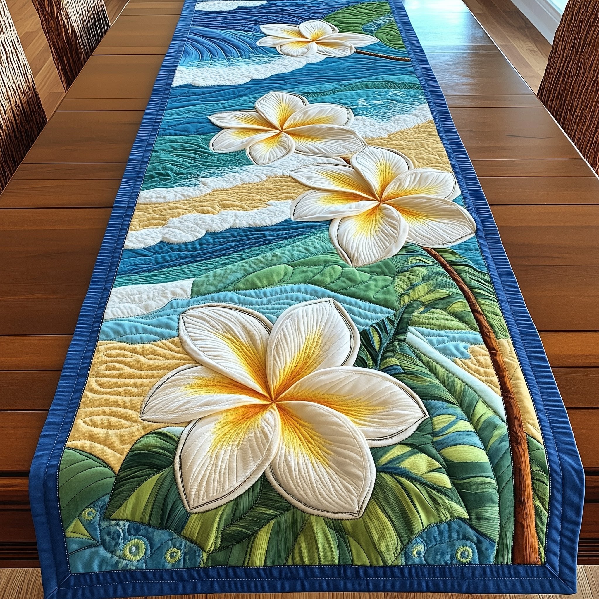 Plumeria on Yellow and Blue Table Runner