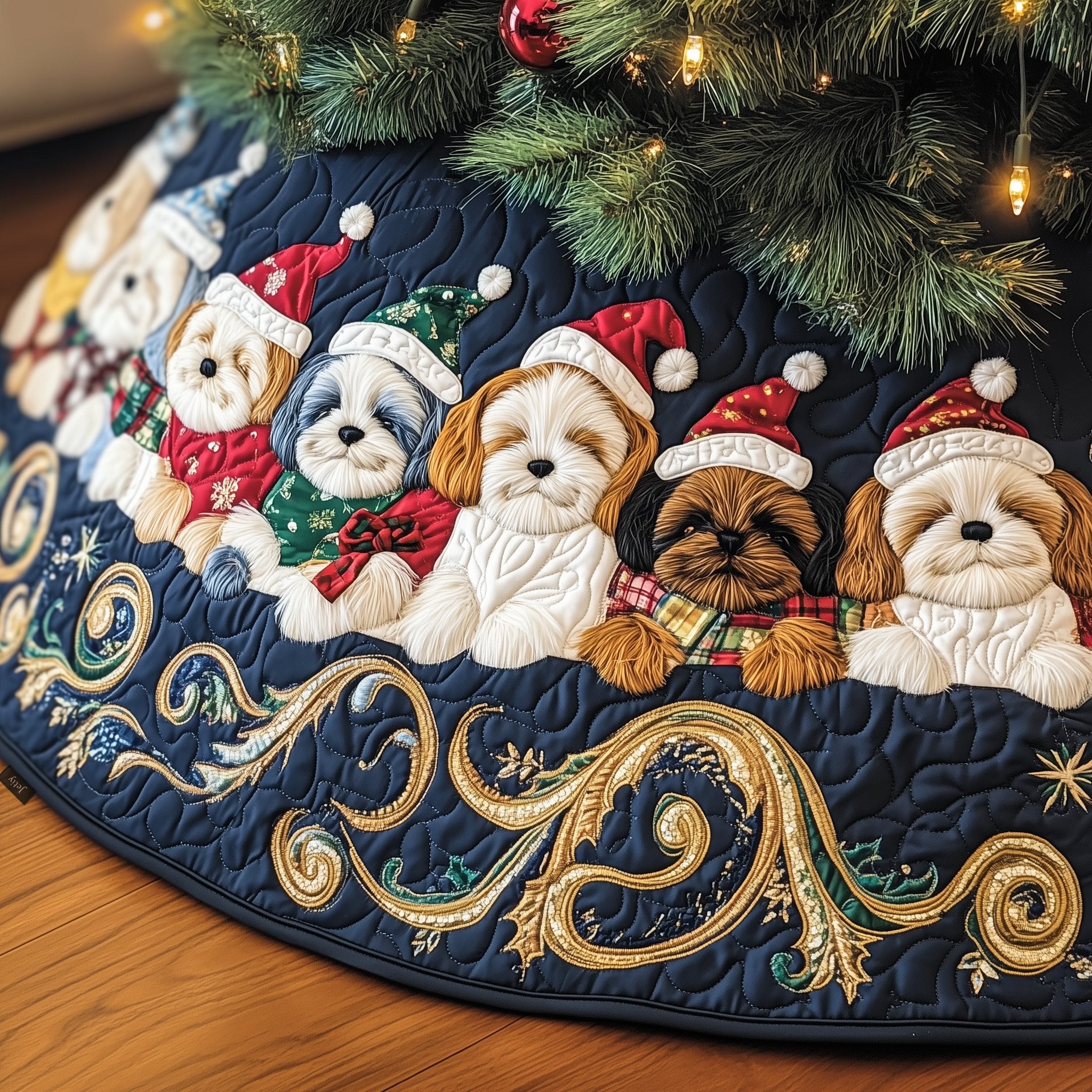 Shih Tzus in Hats on the Gold Swirl Christmas Tree Skirt