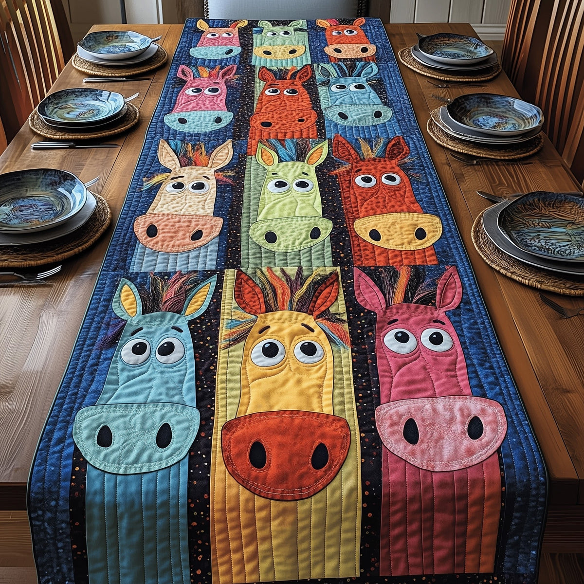 Cow and Horse Faces on Stripes Table Runner