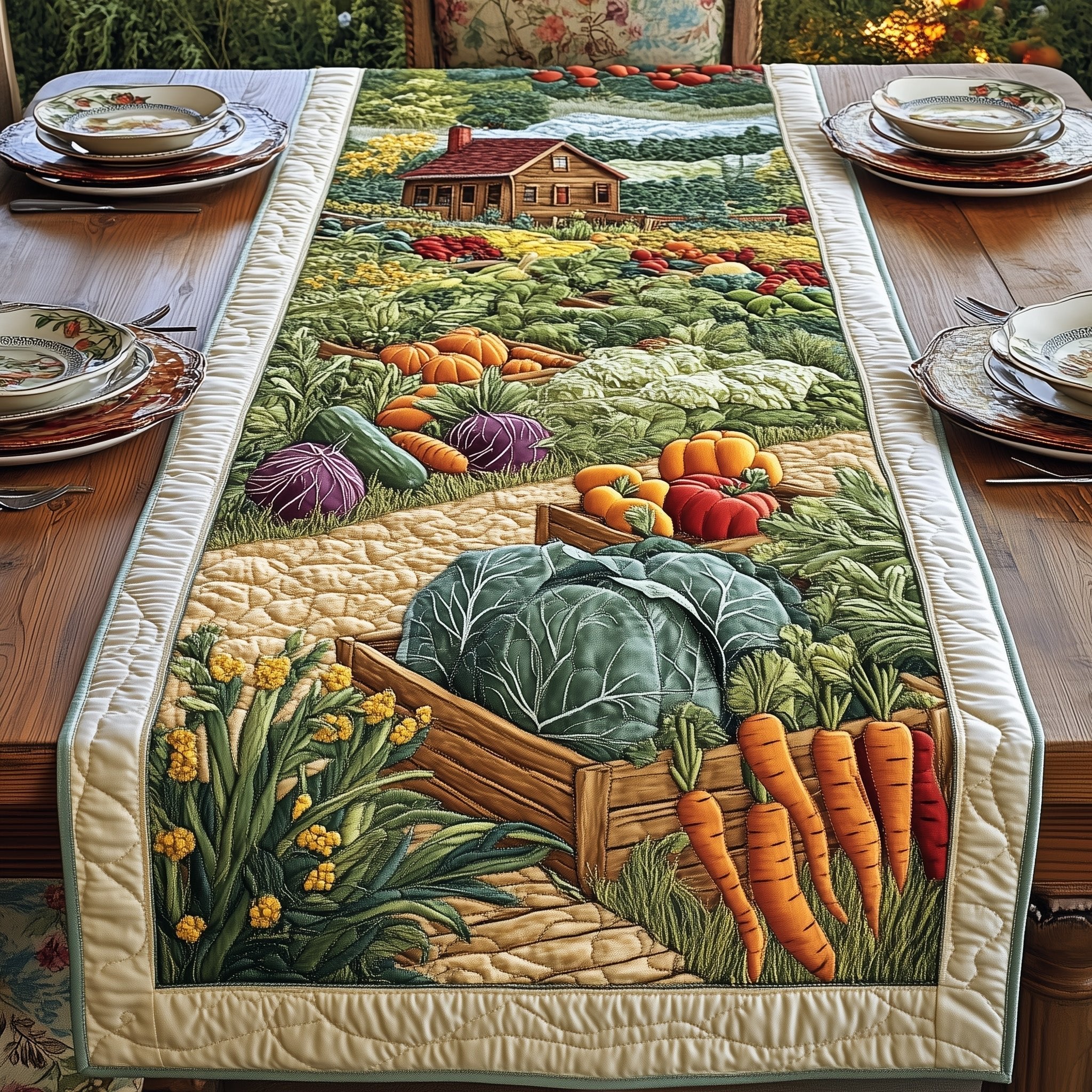 Garden Vegetables in Wooden Crate Table Runner