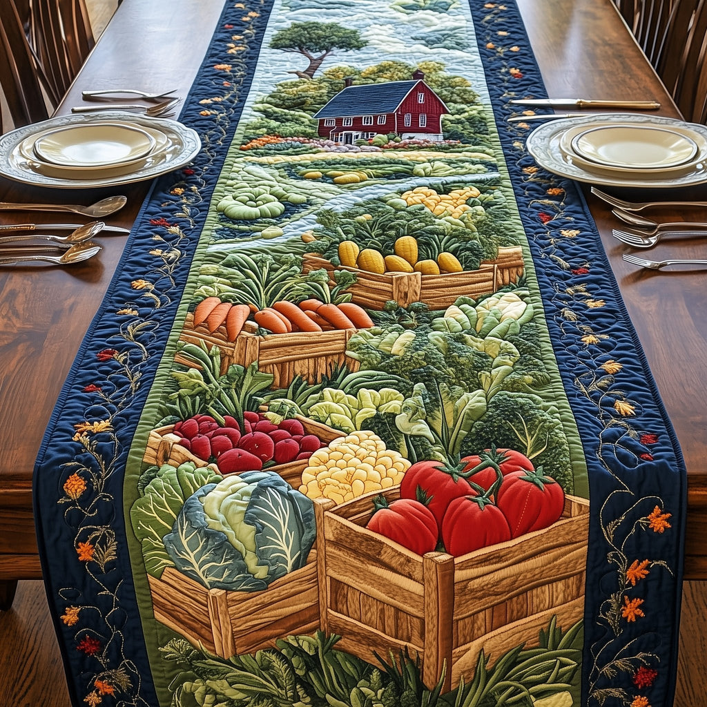 Vegetable Crates with Blue Border Table Runner