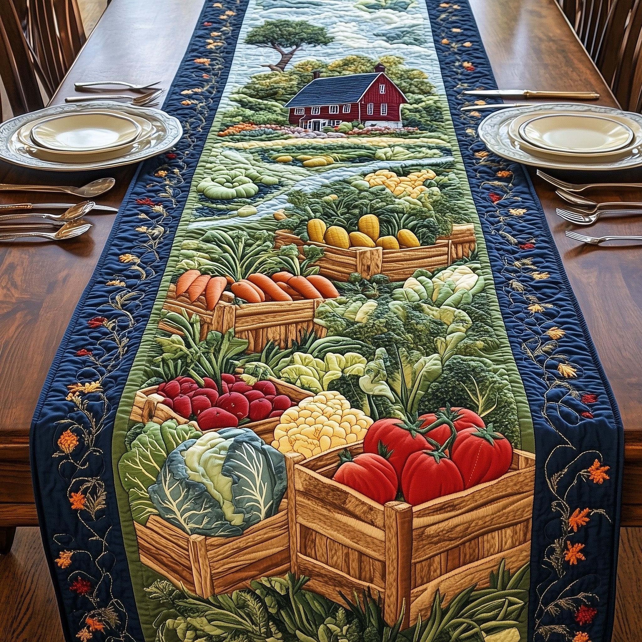 Vegetable Crates with Blue Border Table Runner