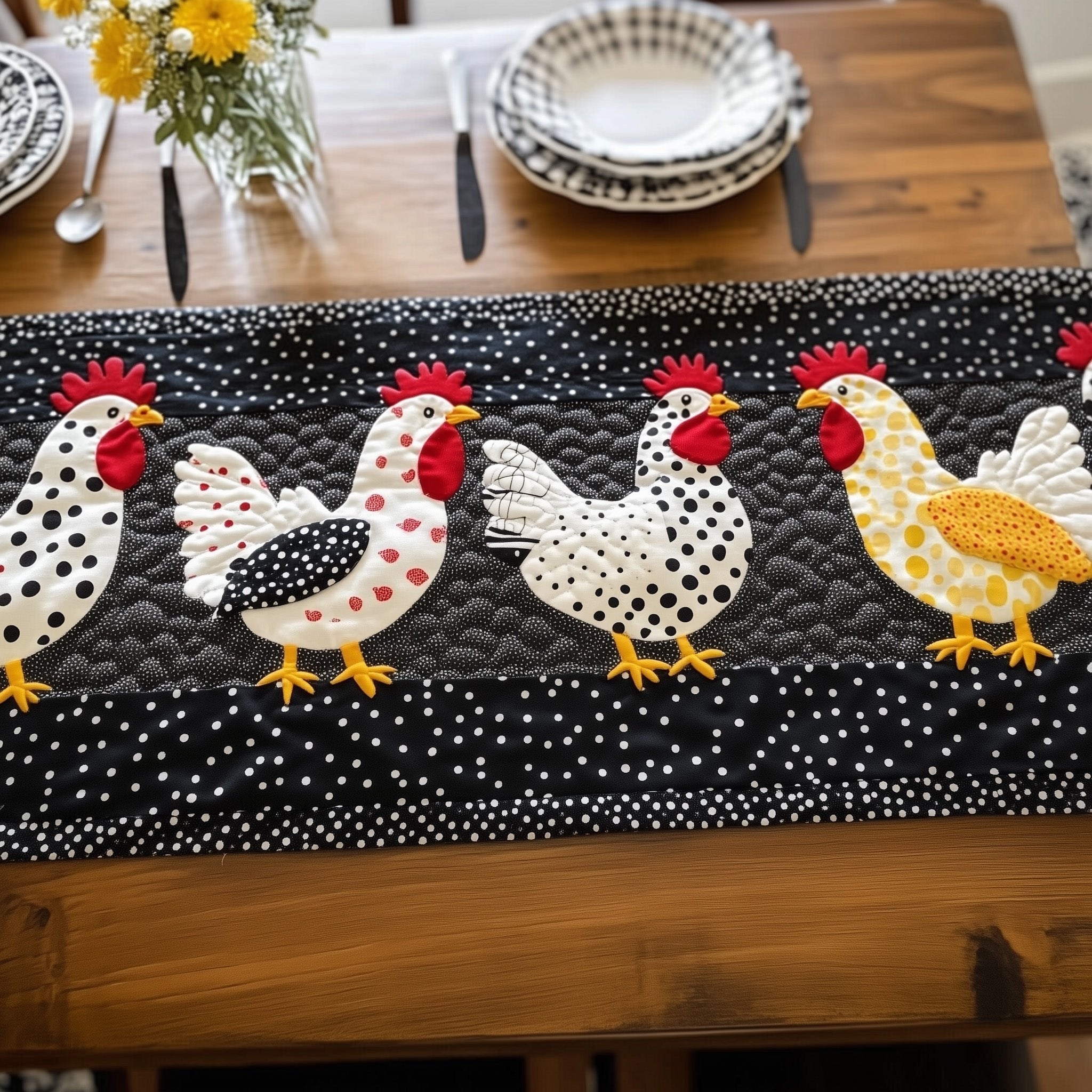 Hens on Black Polka Dots Table Runner