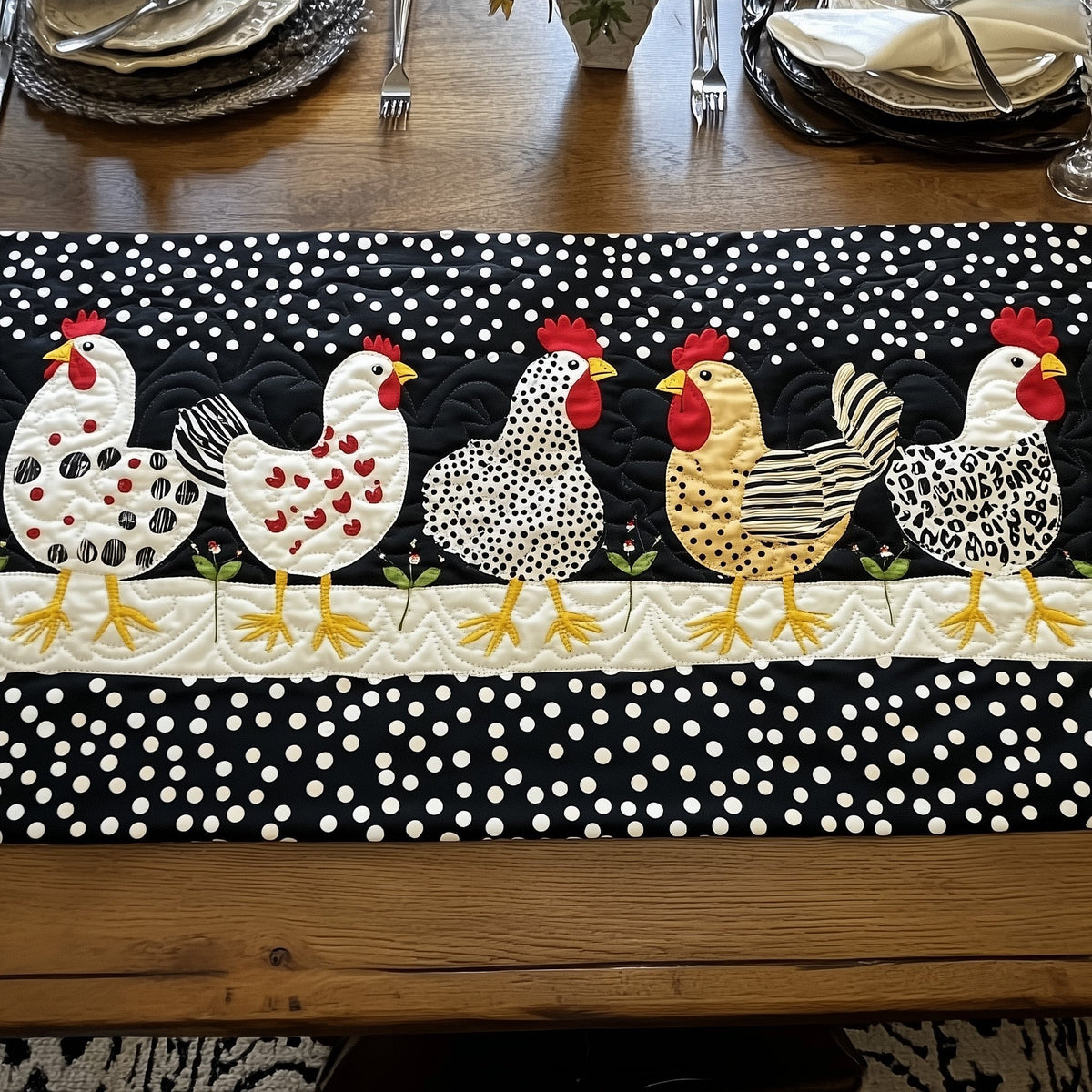 Row of Hens on White Dots Table Runner