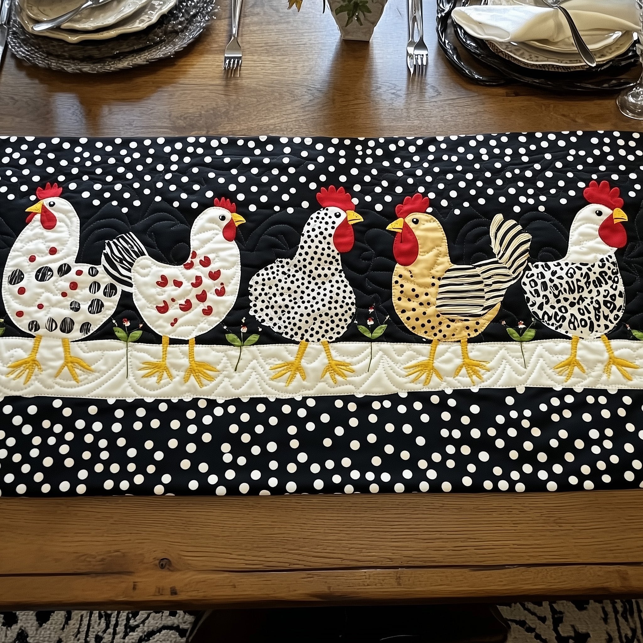 Row of Hens on White Dots Table Runner