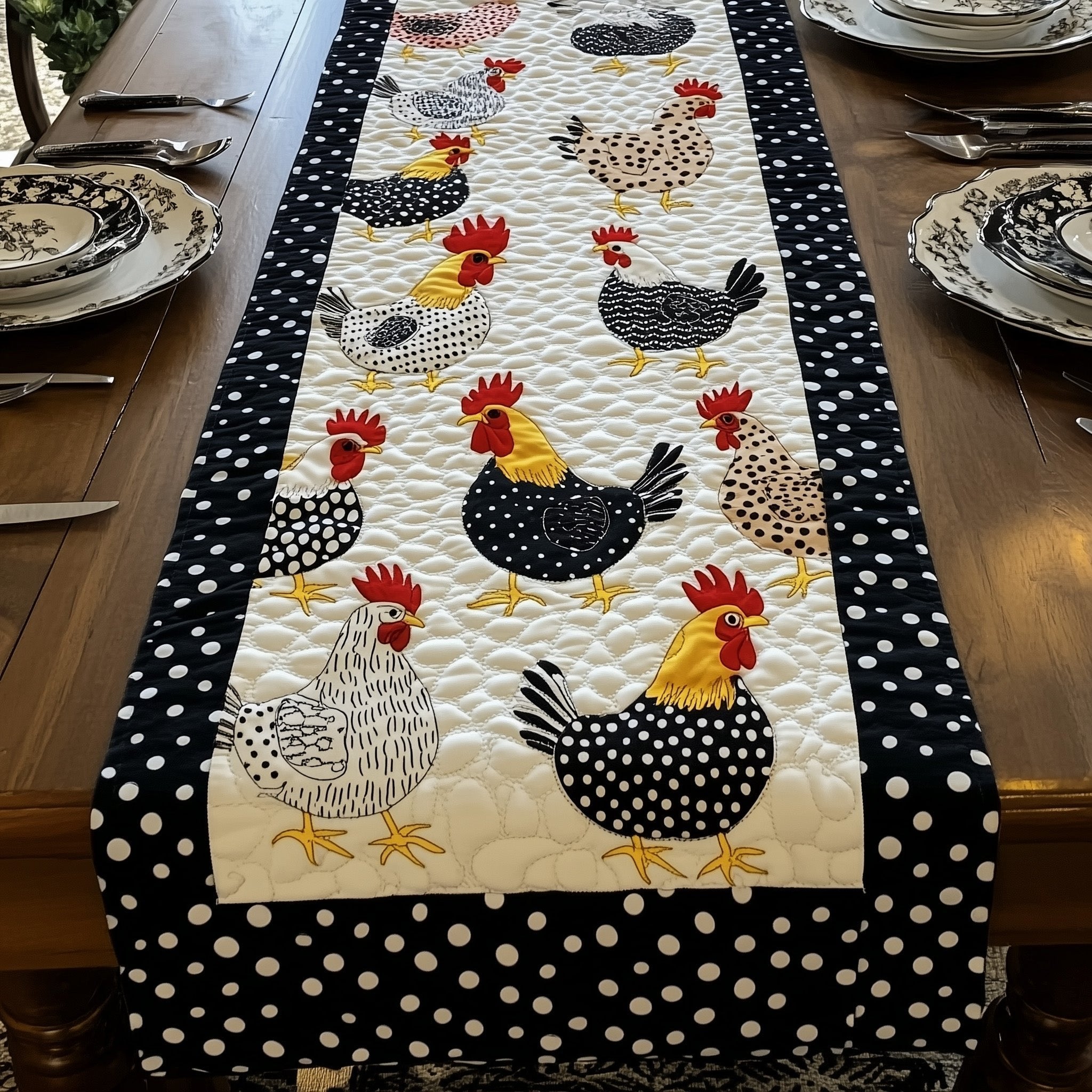 Speckled Hens on Cream Panel Table Runner