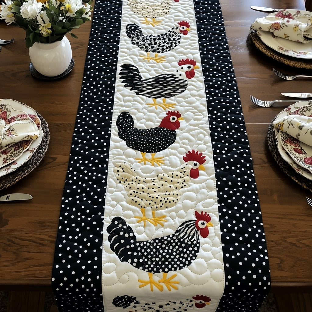 Black and White Hens Walking Table Runner