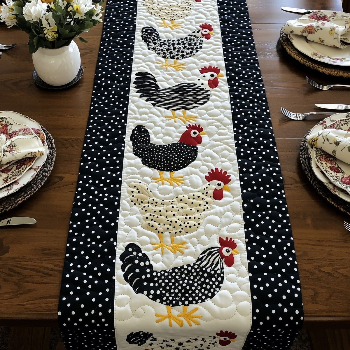 Black and White Hens Walking Table Runner