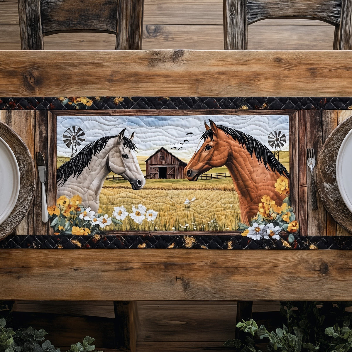 Two Horses in Framed Pasture Table Runner