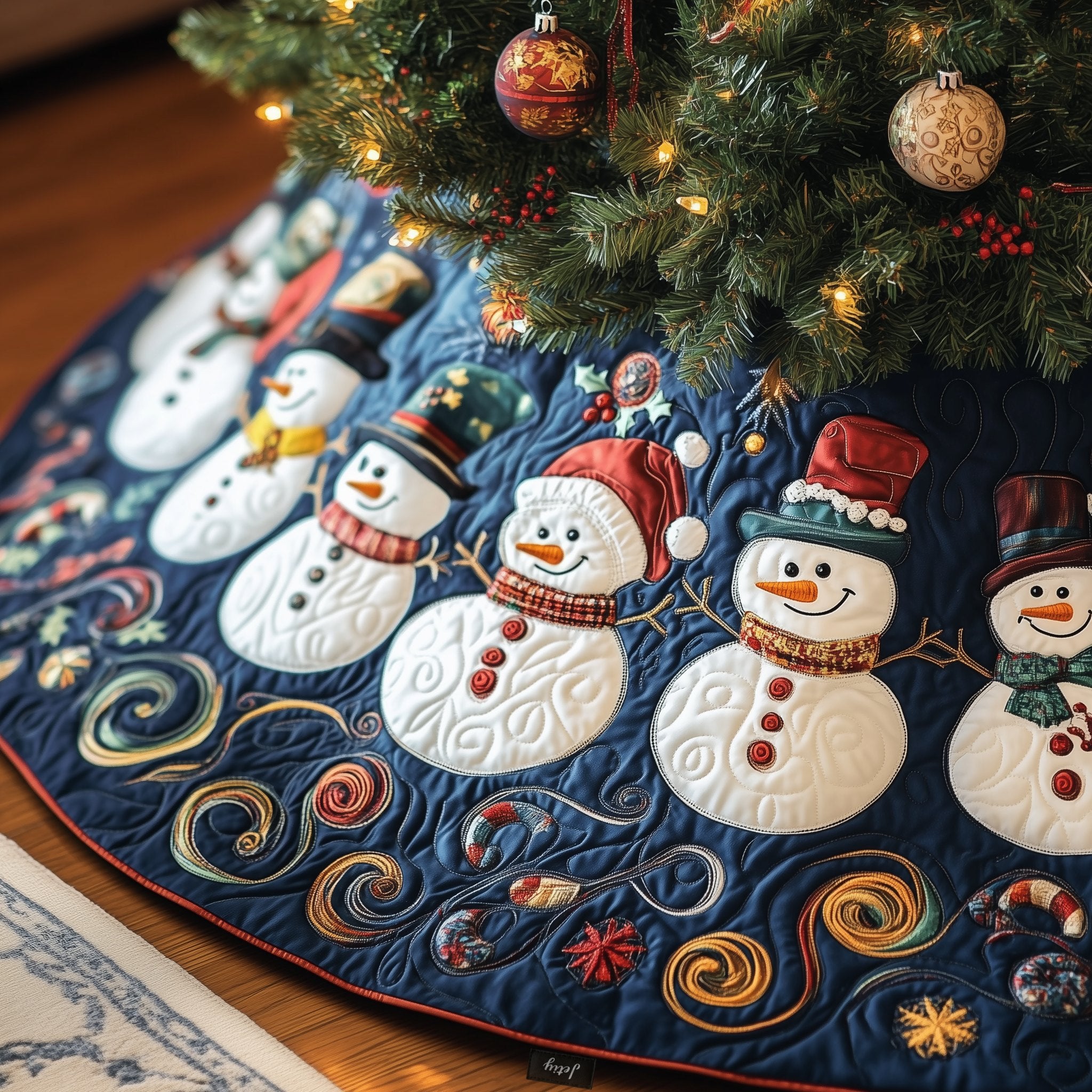 Snowman Pair in Winter Wool Christmas Tree Skirt