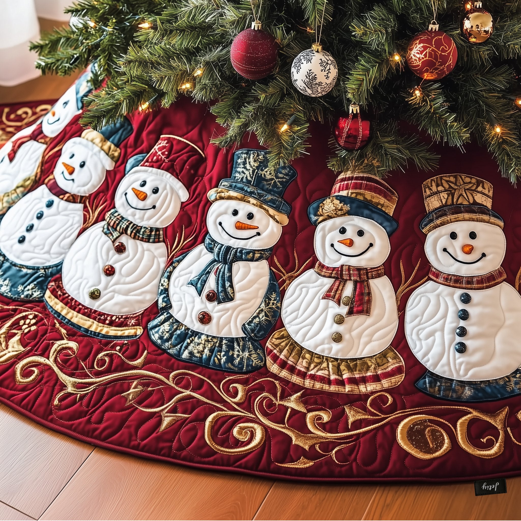 Snowman Family on Swirl Navy Christmas Tree Skirt
