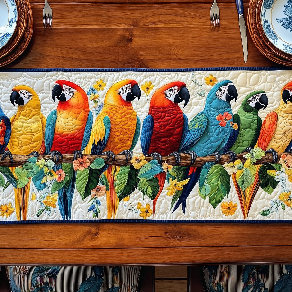 Row of Macaws on a Perch Table Runner