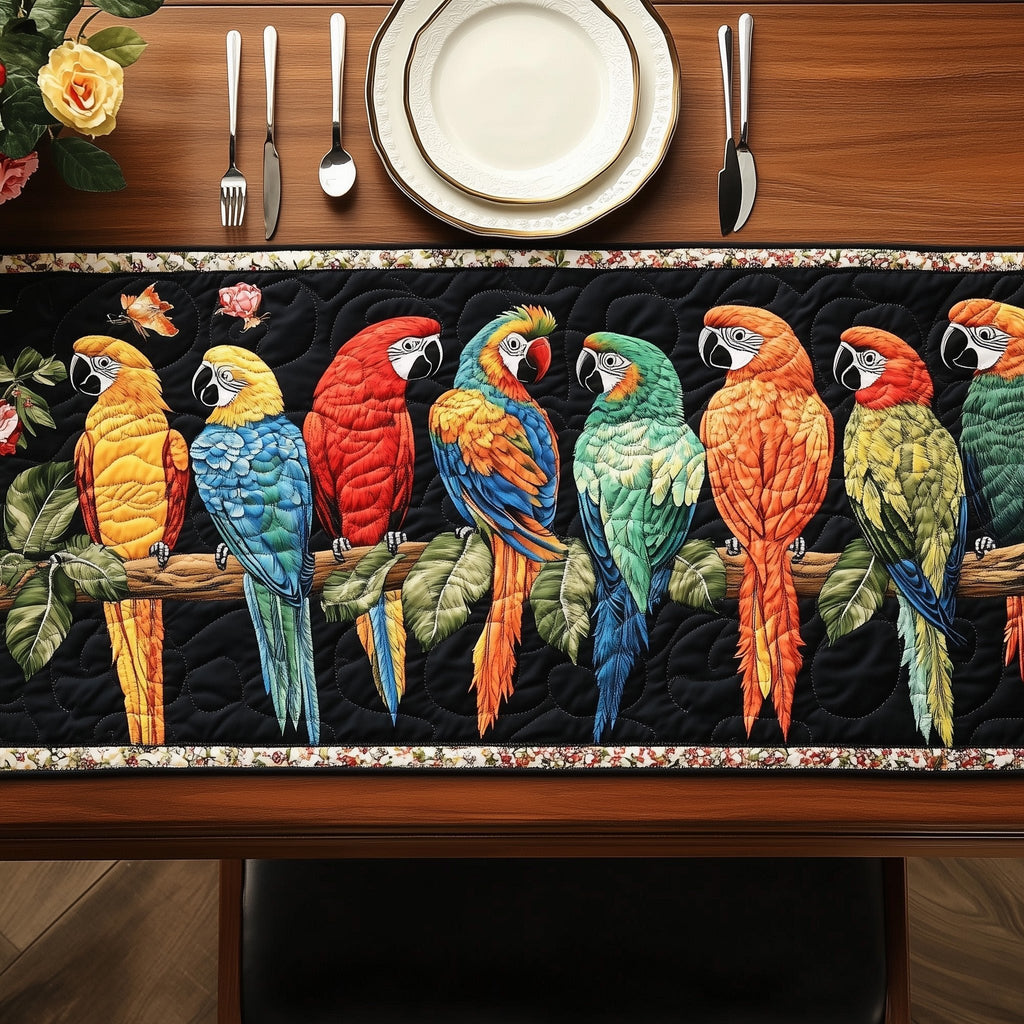 Colorful Parrots on Black Border Table Runner
