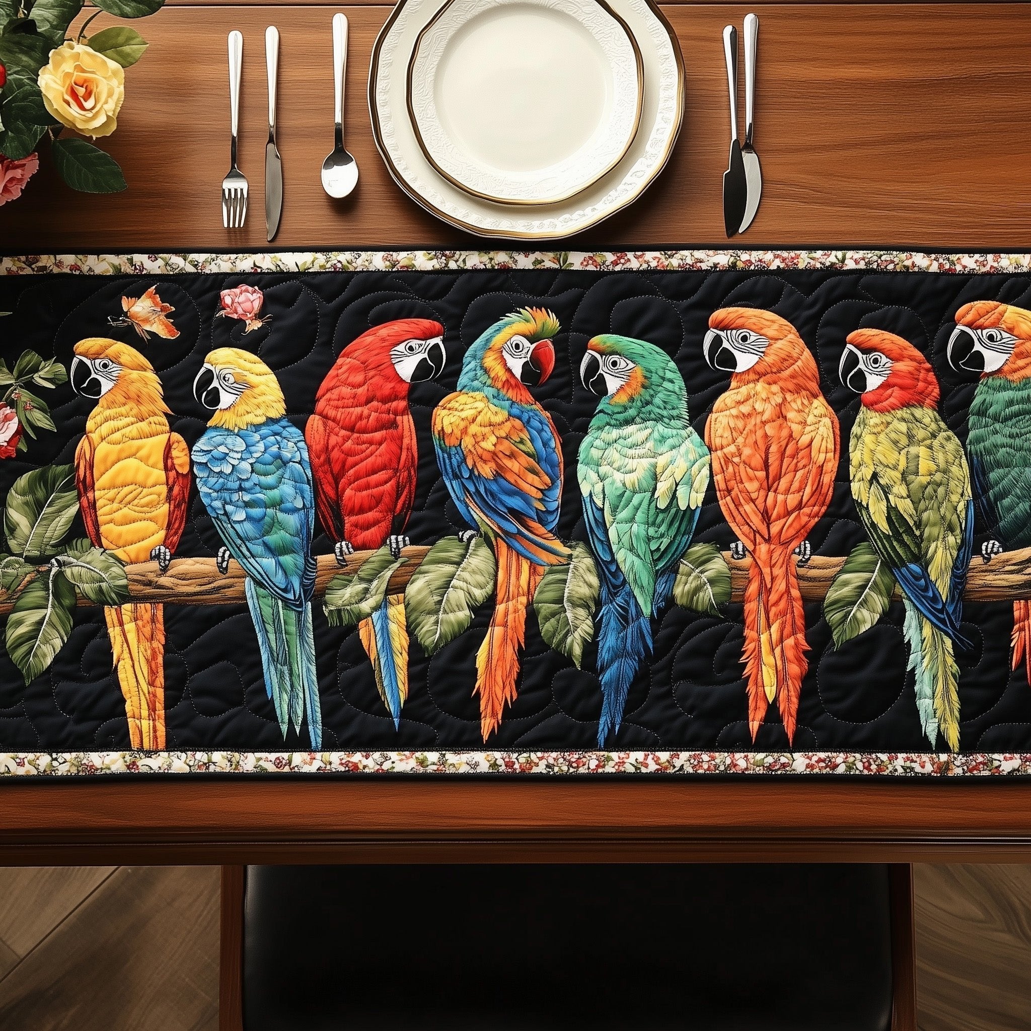 Colorful Parrots on Black Border Table Runner