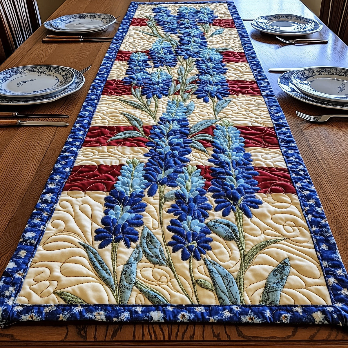 Blue Lupines on Cream and Red Table Runner