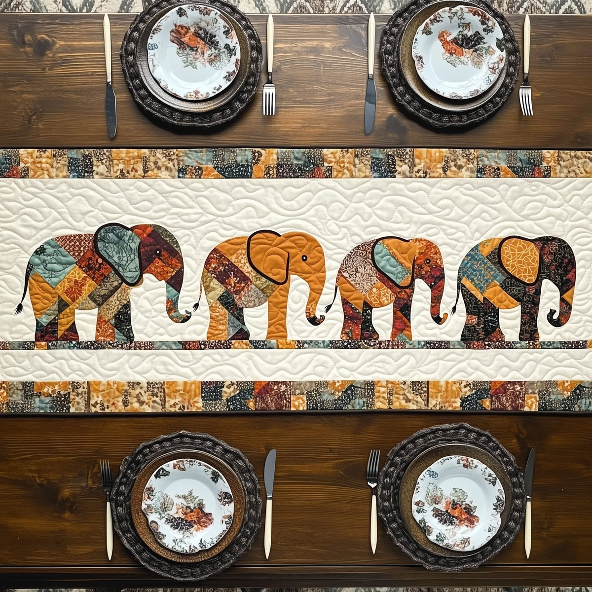 Patterned Elephant Parade on Cream Table Runner