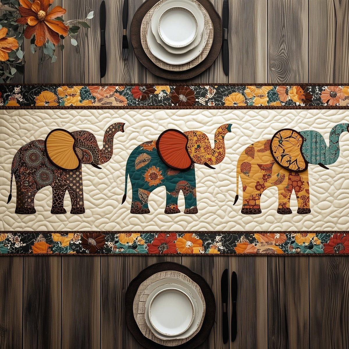 Decorated Elephants Facing Each Other Table Runner