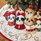 Shih Tzus with Red Bows and Bells Christmas Tree Skirt