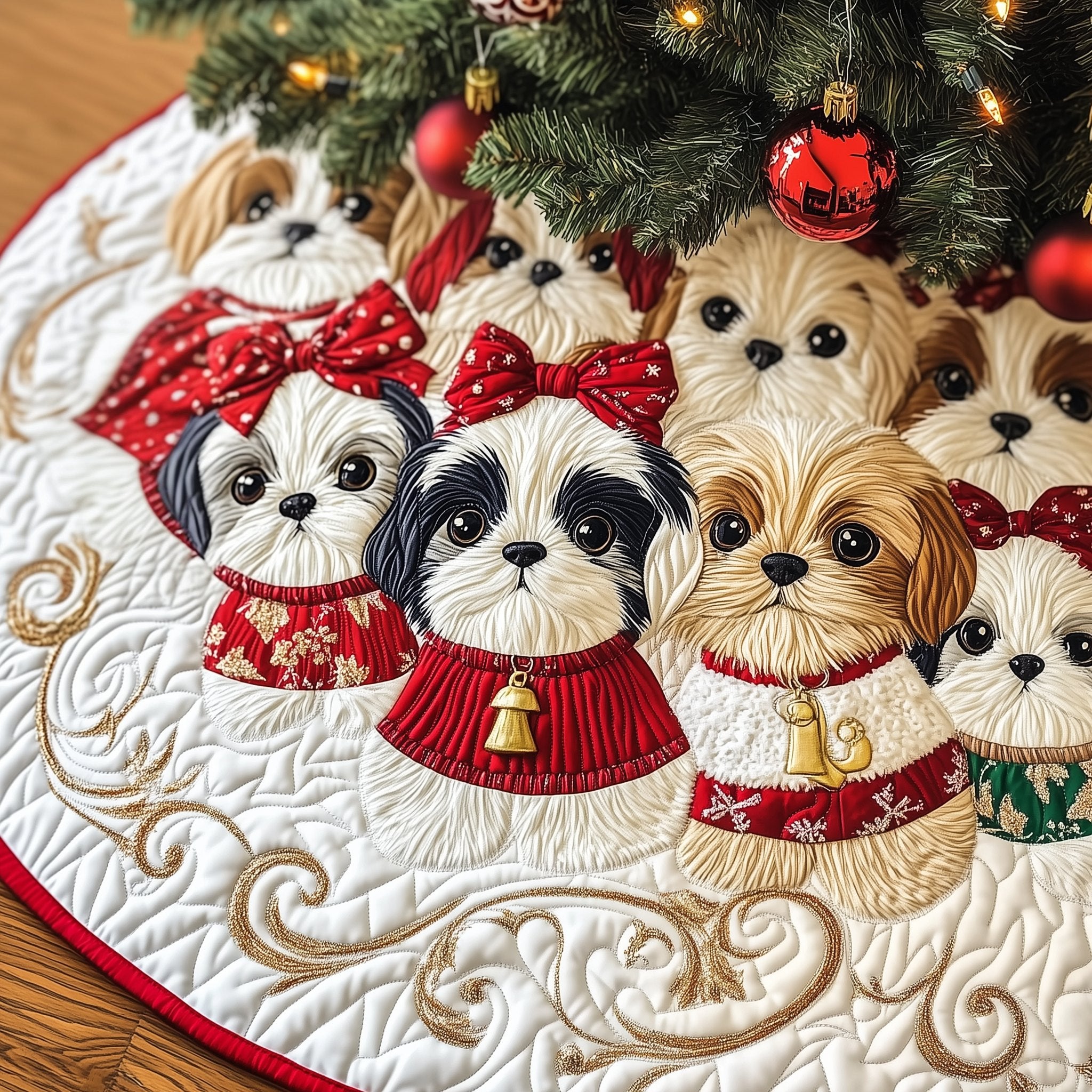 Shih Tzus with Red Bows and Bells Christmas Tree Skirt