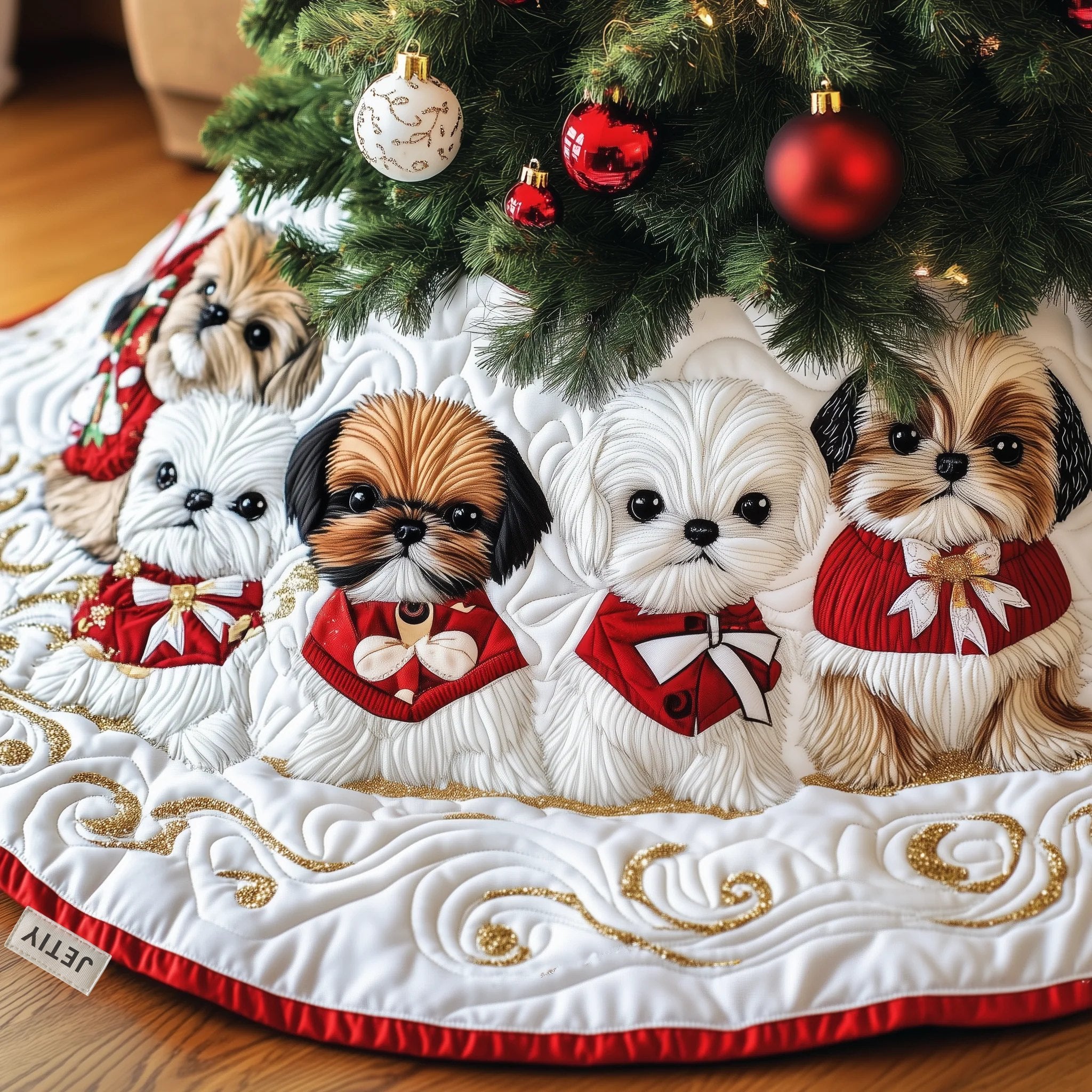 White Shih Tzus in Red Capes Christmas Tree Skirt