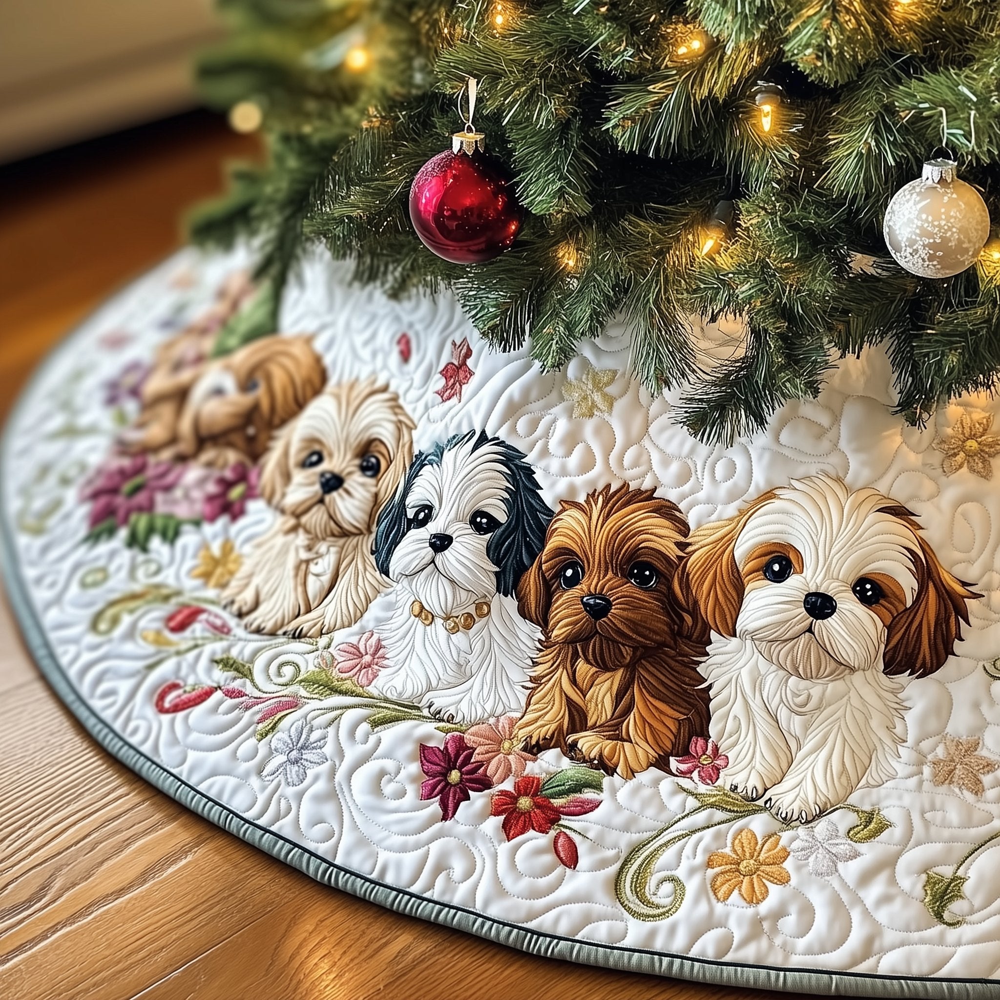 Shih Tzu Puppies with Pink Flowers Christmas Tree Skirt