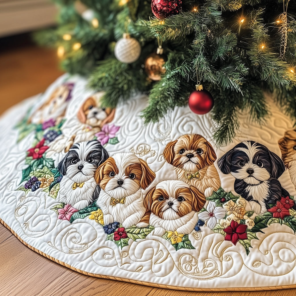 Shih Tzus Among Pink Blossoms Christmas Tree Skirt