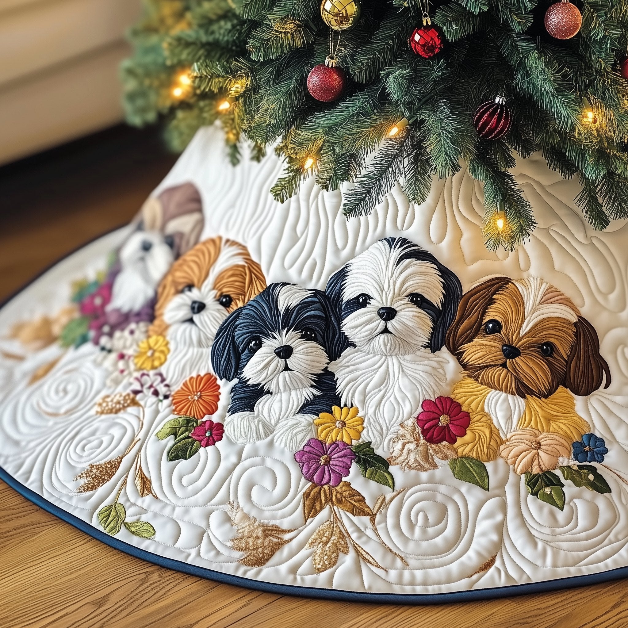 Shih Tzus with Yellow Blossoms Navy Christmas Tree Skirt