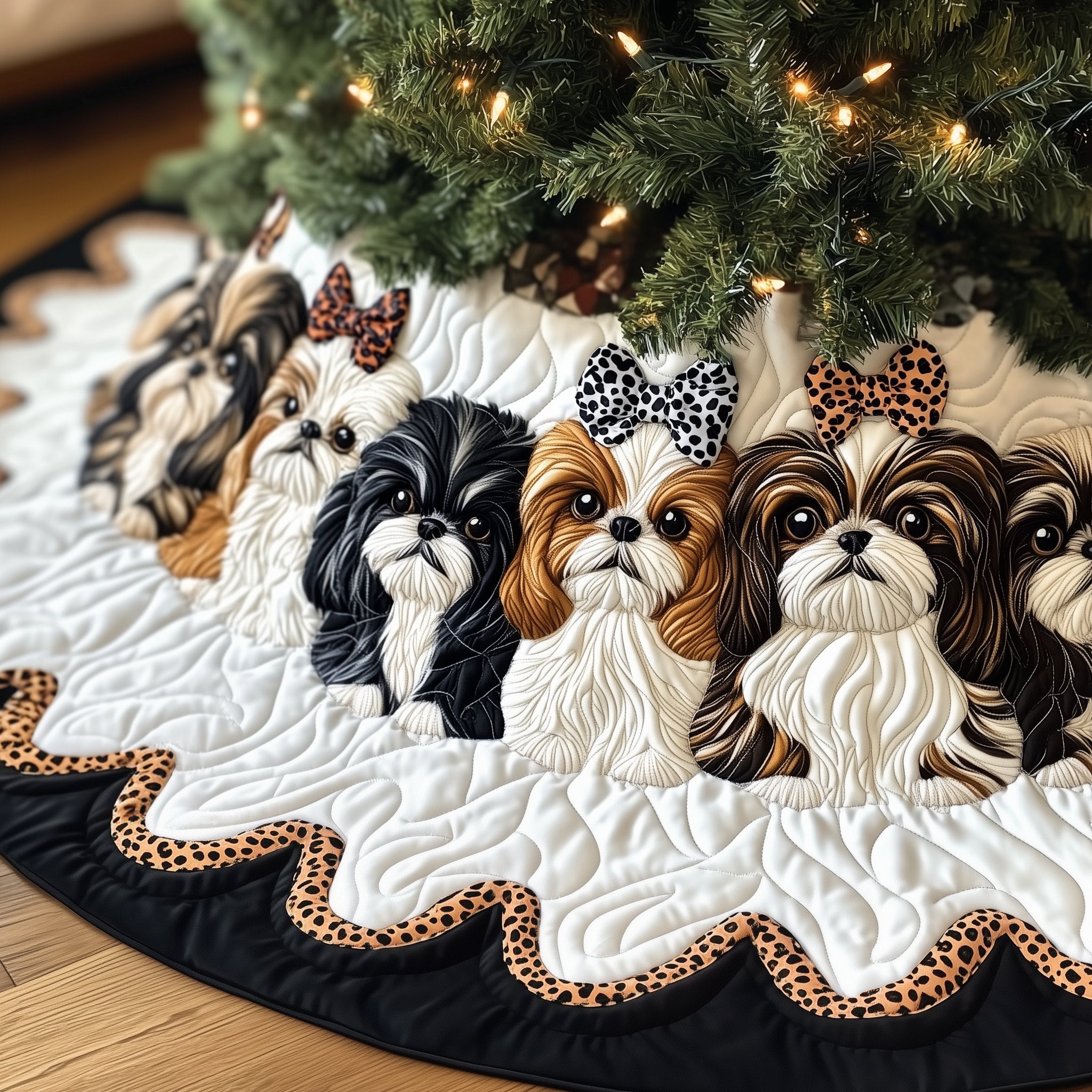 Shih Tzus with Leopard Print Bows Christmas Tree Skirt