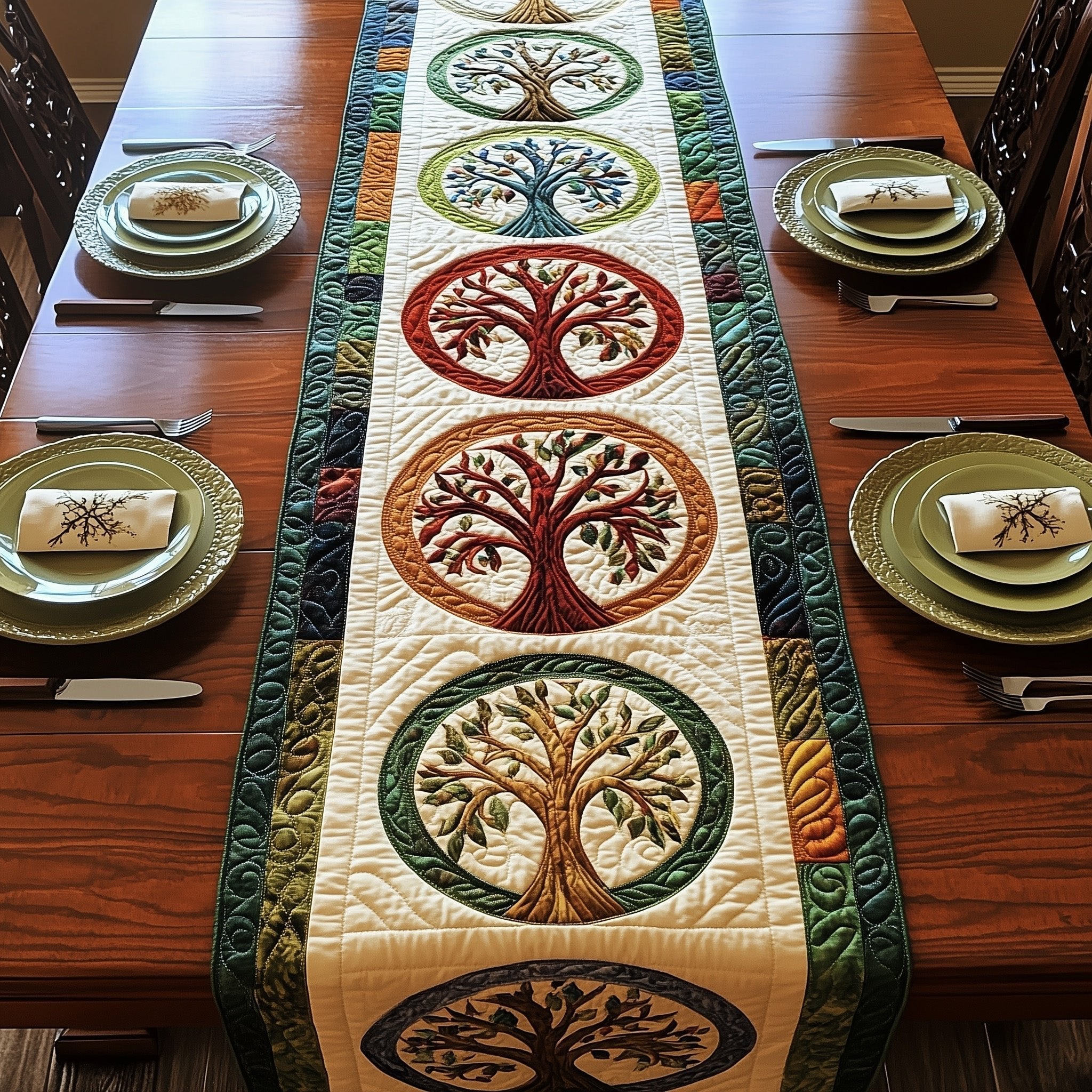 Tree Medallions in Red and Green Table Runner