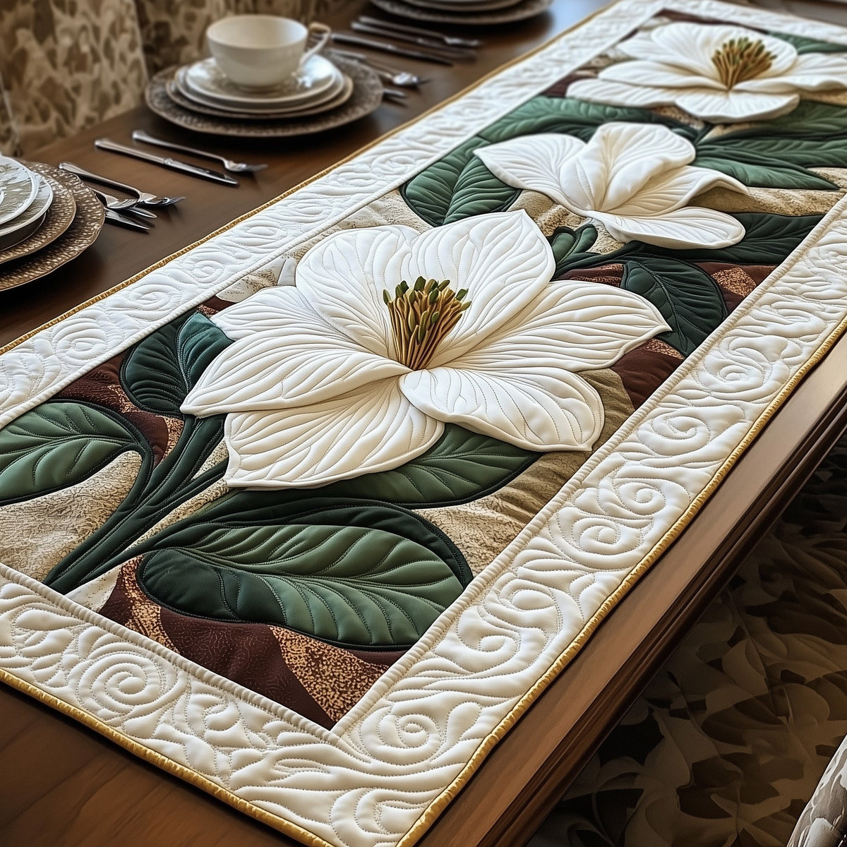 Magnolia Bloom with Broad Leaves Table Runner